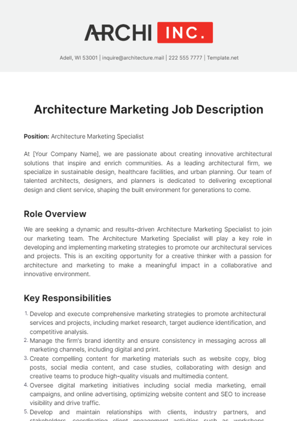 Architecture Marketing Job Description Template - Edit Online & Download