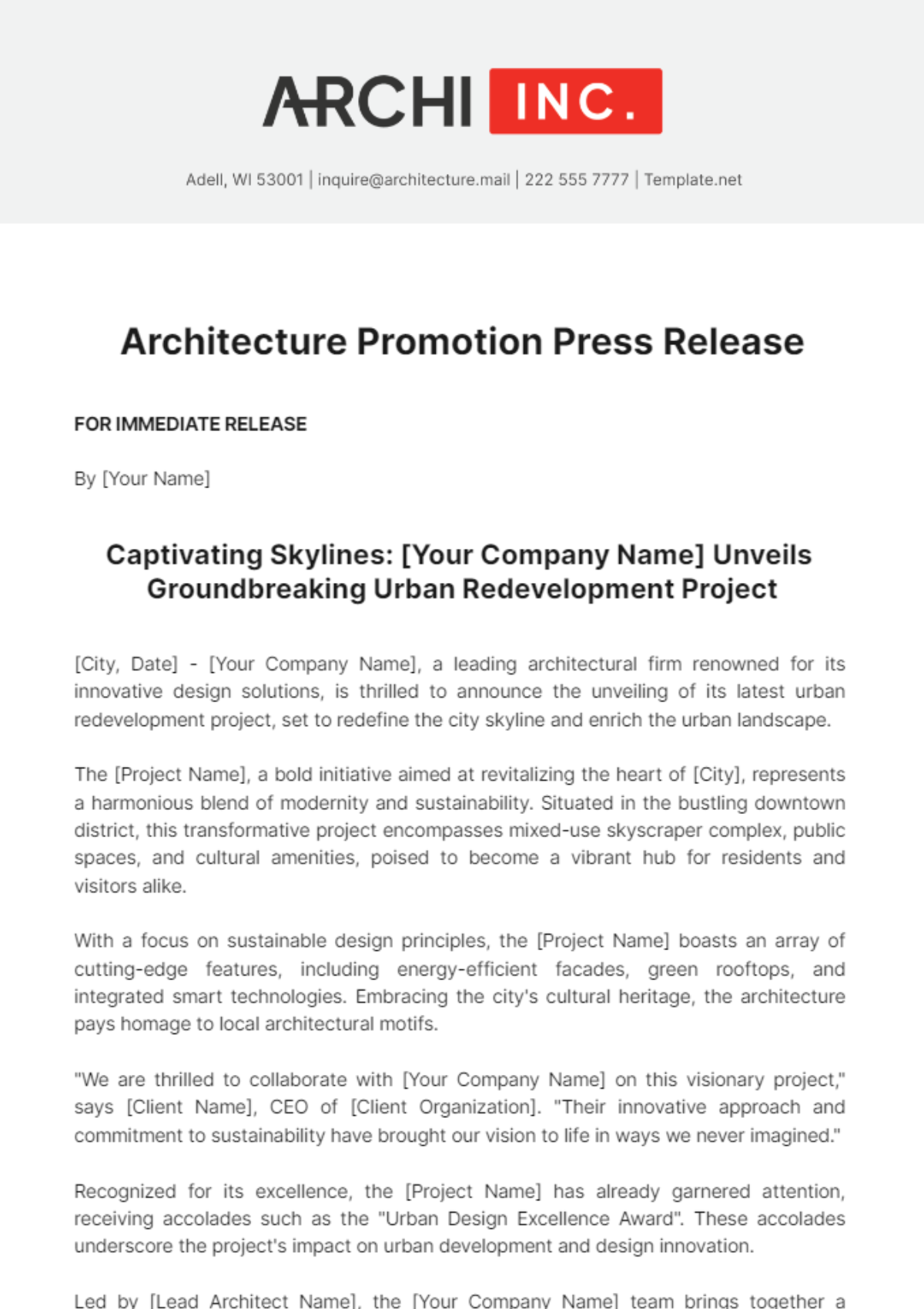 Architecture Promotion Press Release Template - Edit Online & Download