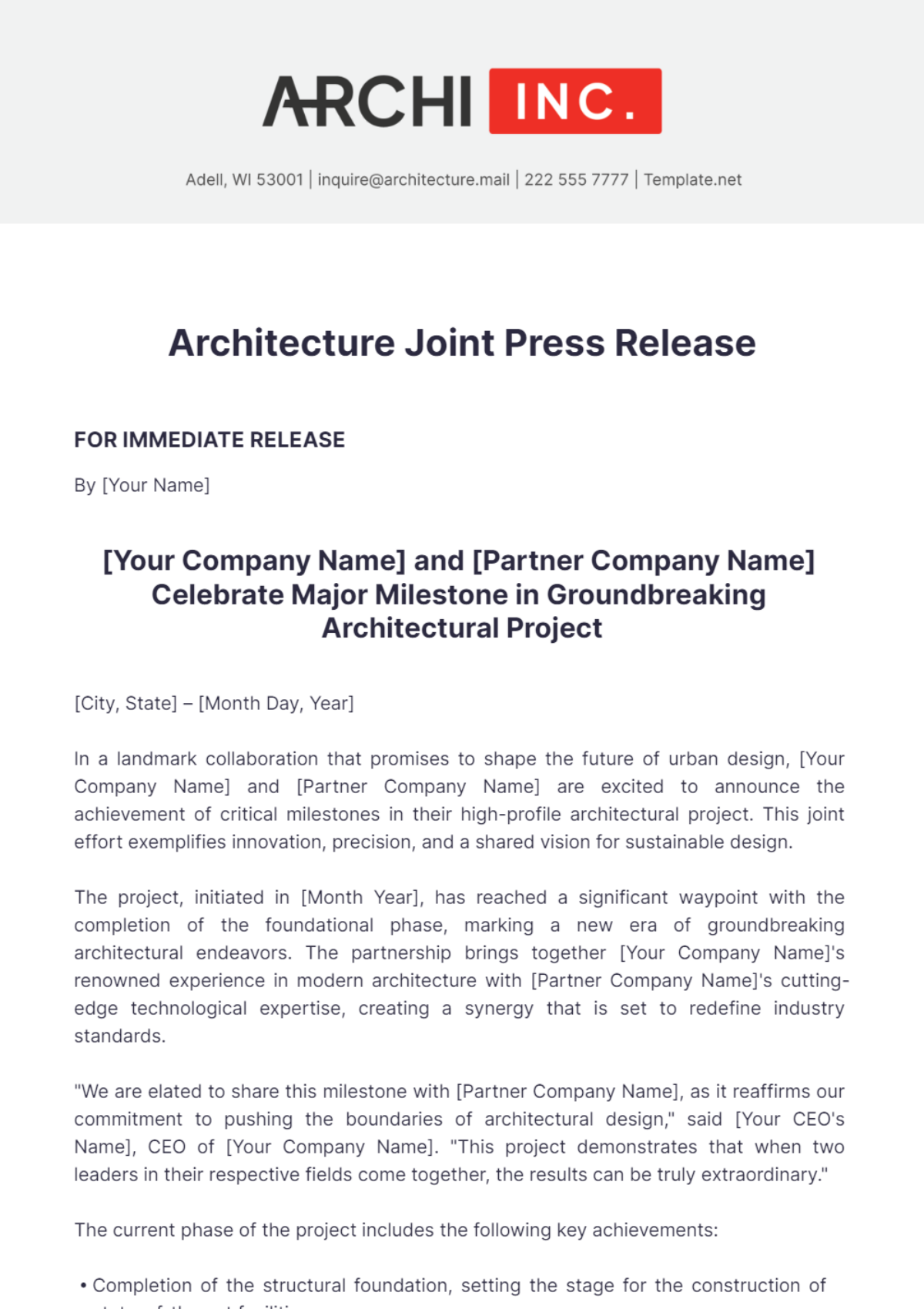 Architecture Joint Press Release Template - Edit Online & Download