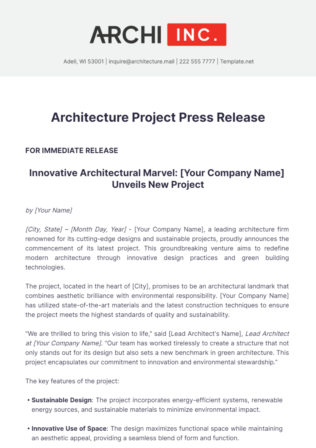 Architecture Project Press Release Template - Edit Online & Download