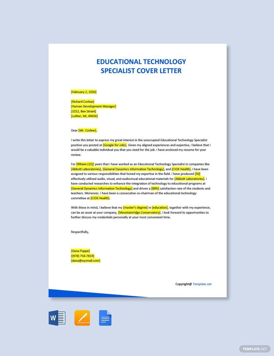 Educational Technology Specialist Cover Letter