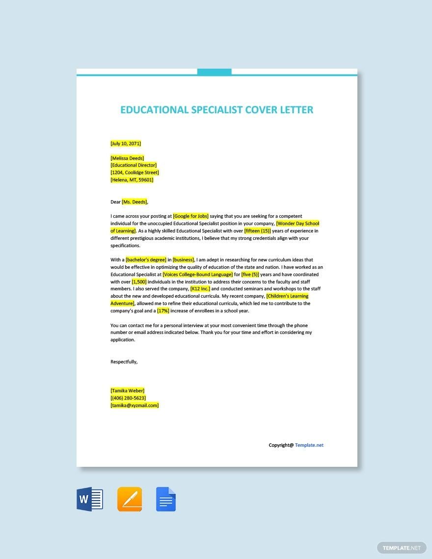 Free Educational Specialist Cover Letter in Word, Google Docs, PDF, Apple Pages