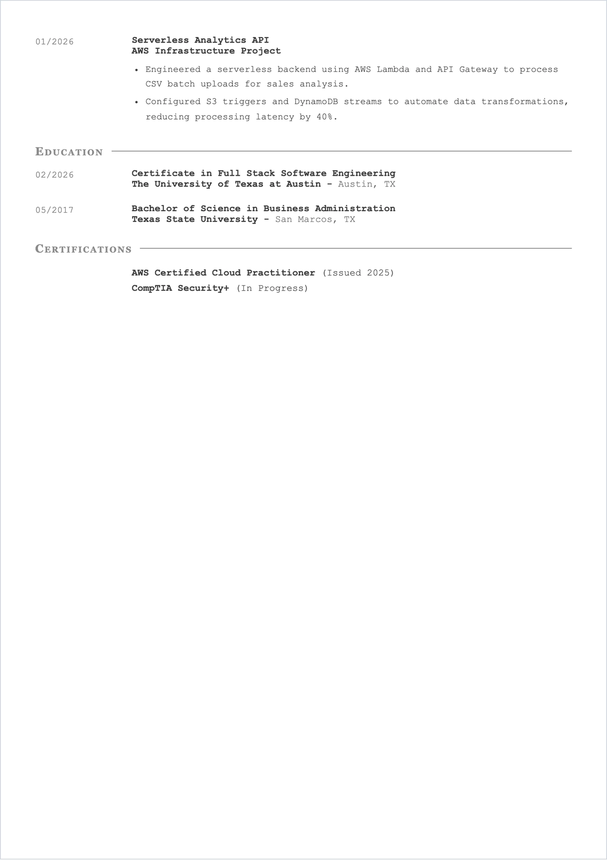 Free Career Change To Software Engineer ATS Resume Template