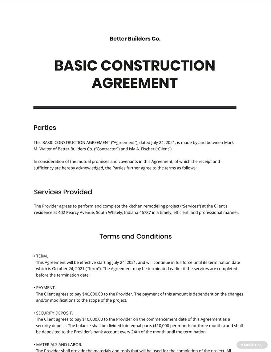 Basic Construction Agreement Template