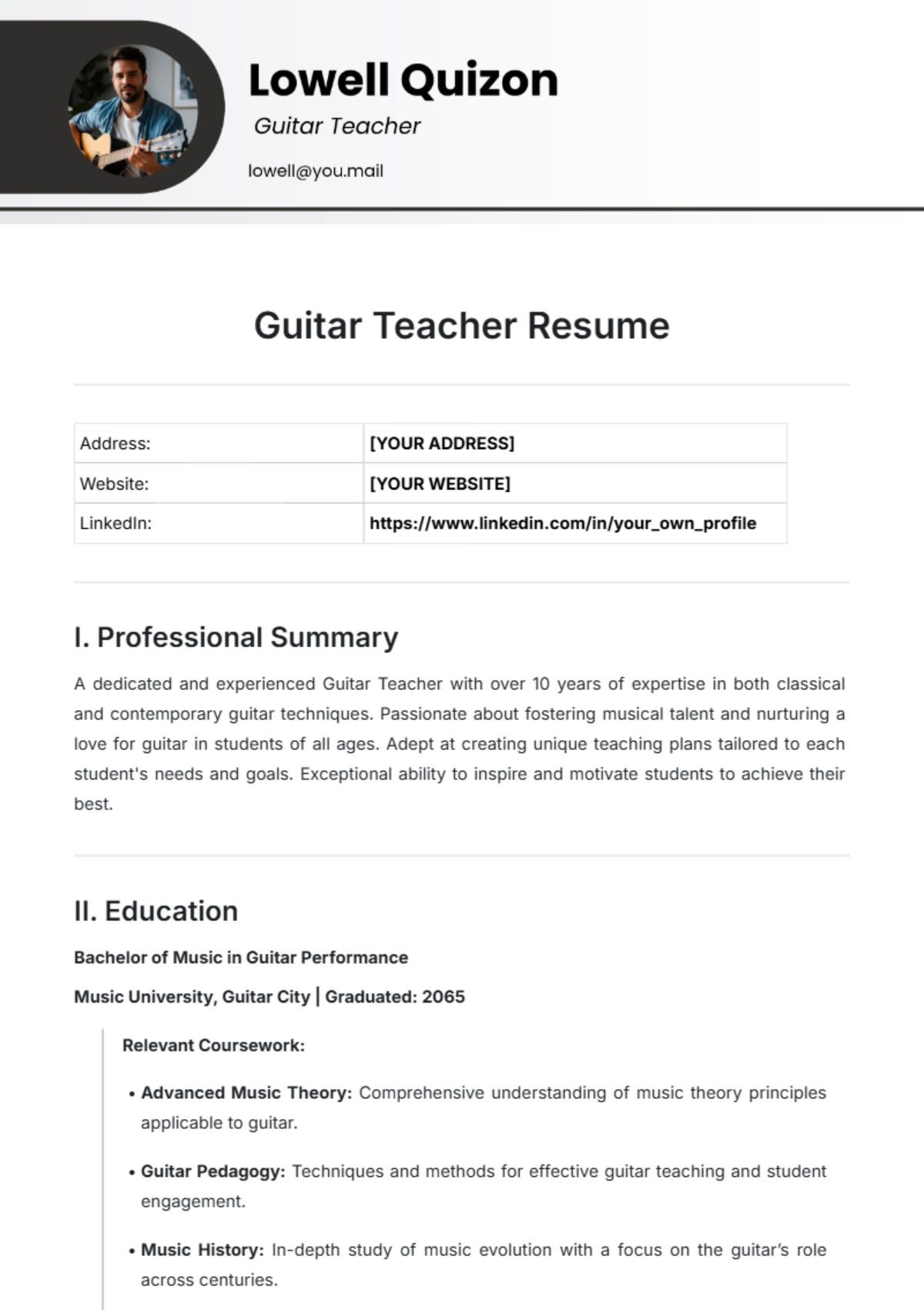 Guitar Teacher Resume Template - Edit Online & Download