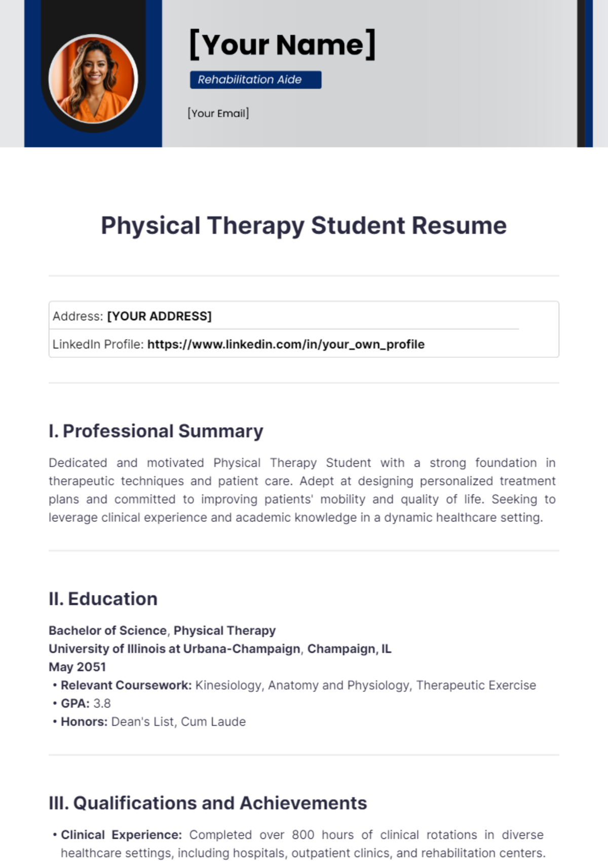 Physical Therapy Student Resume