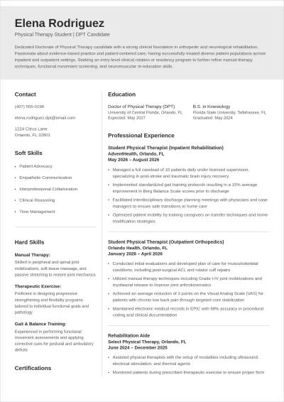 Free Physical Therapy Student ATS Resume Template, AI Resume Builder