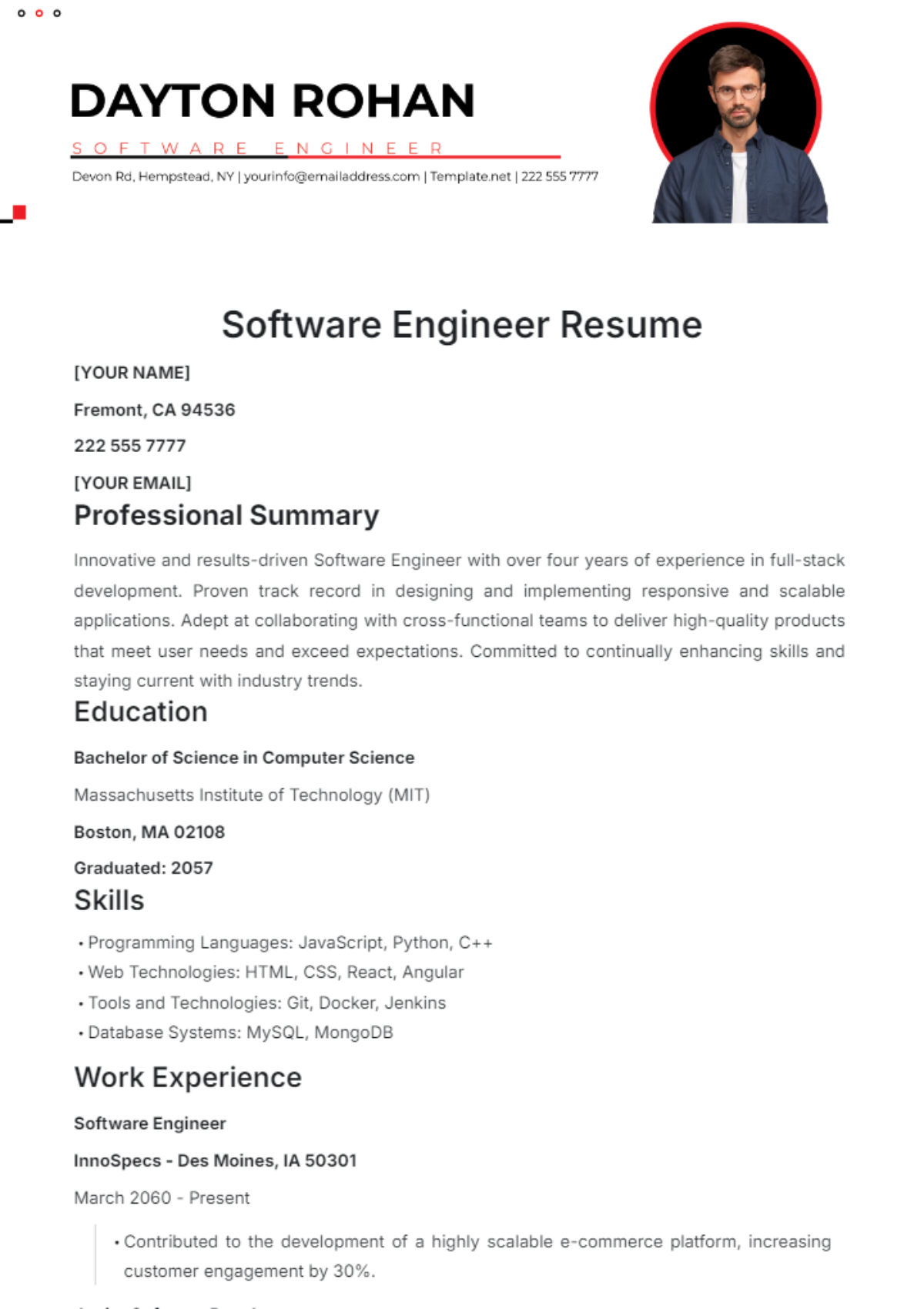 Software Engineer Resume Template - Edit Online & Download