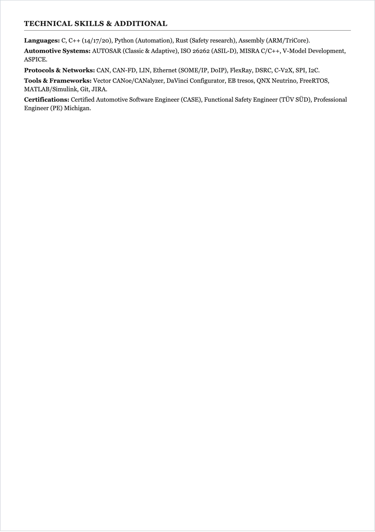 Free Automotive Software Engineer ATS Resume Template