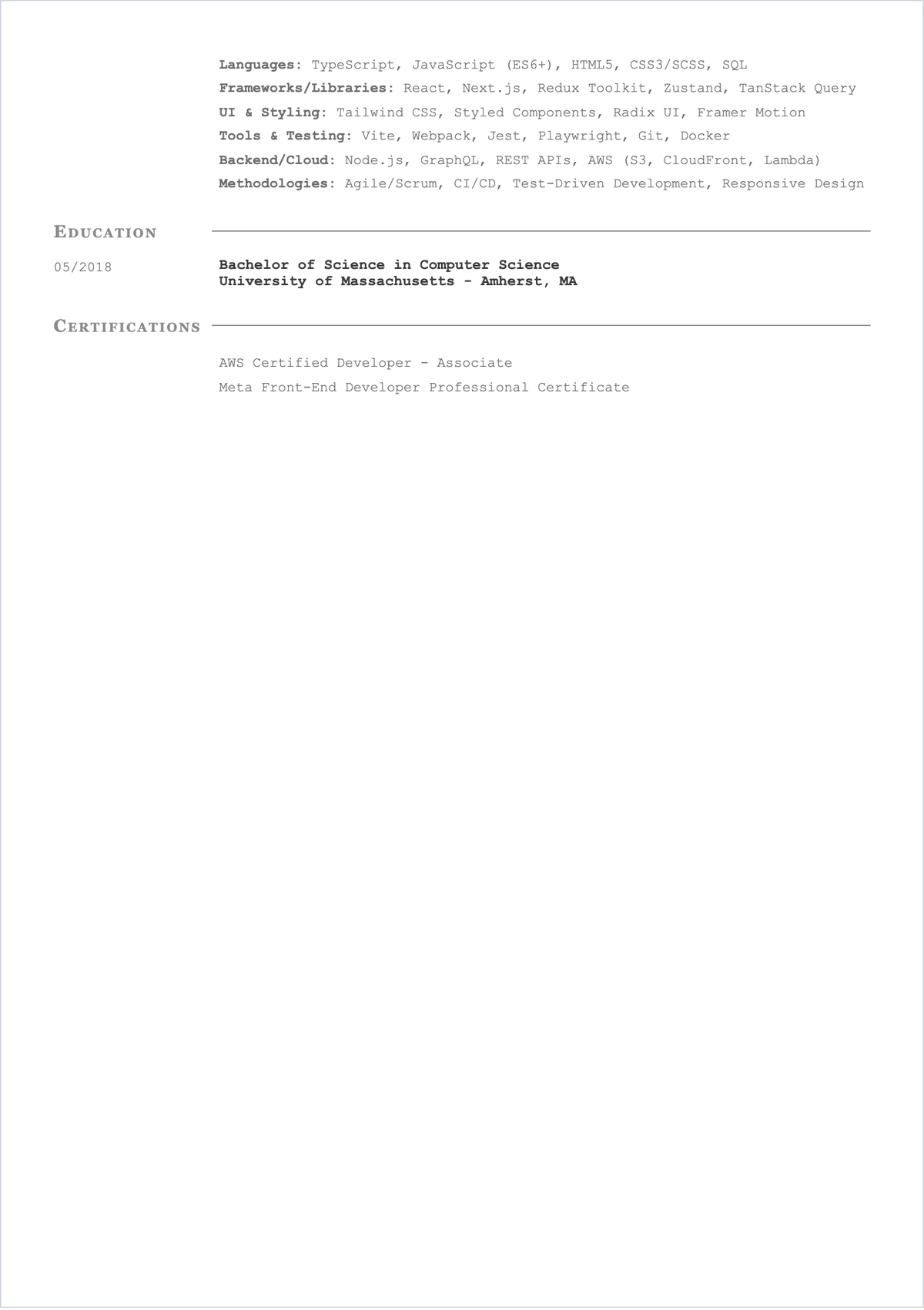 Free Frontend Software Engineer ATS Resume Template, AI Resume Builder