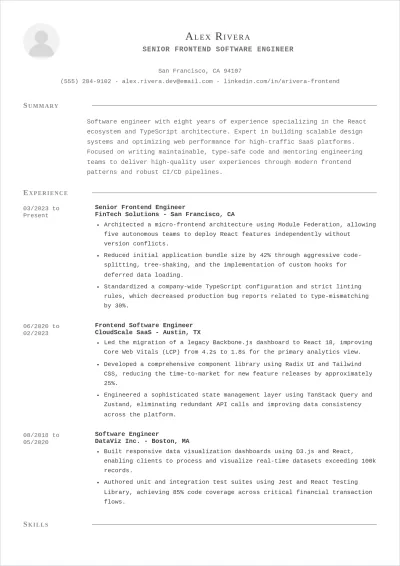 Free Frontend Software Engineer ATS Resume Template, AI Resume Builder