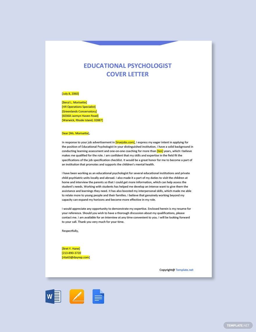 Educational Psychologist Cover Letter in Google Docs, Word, Pages, PDF ...