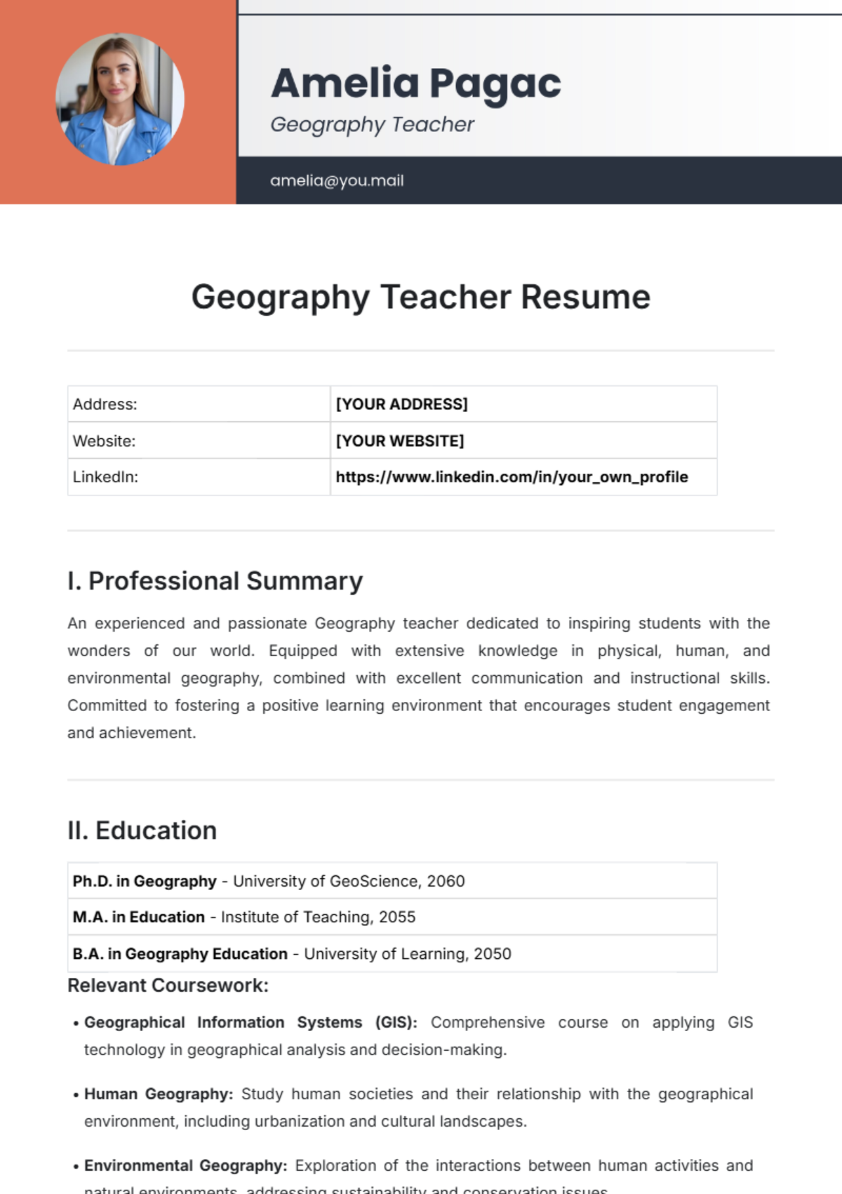 Geography Teacher Resume Template - Edit Online & Download