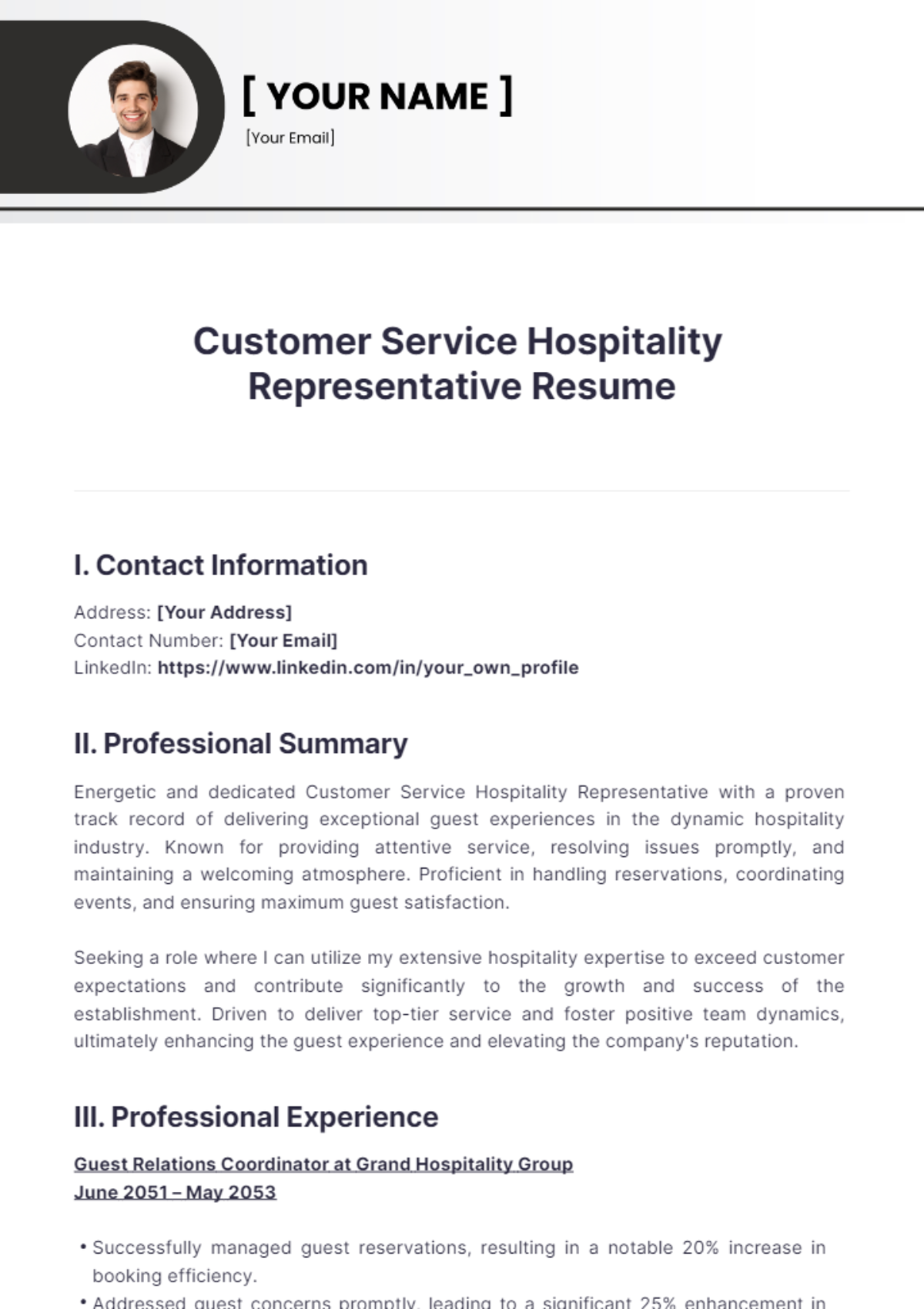 Customer Service Hospitality Representative Resume - Edit Online & Download