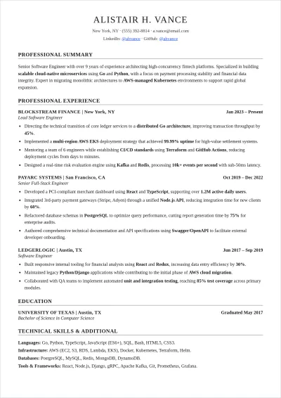 Free Senior Software Engineer ATS Resume Template, AI Resume Builder