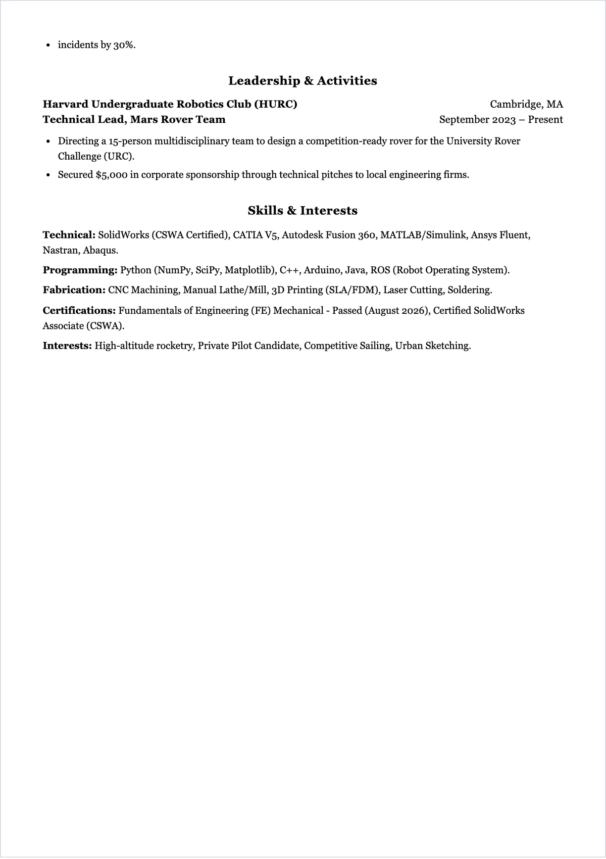 Free Harvard Engineering Student ATS Resume Template
