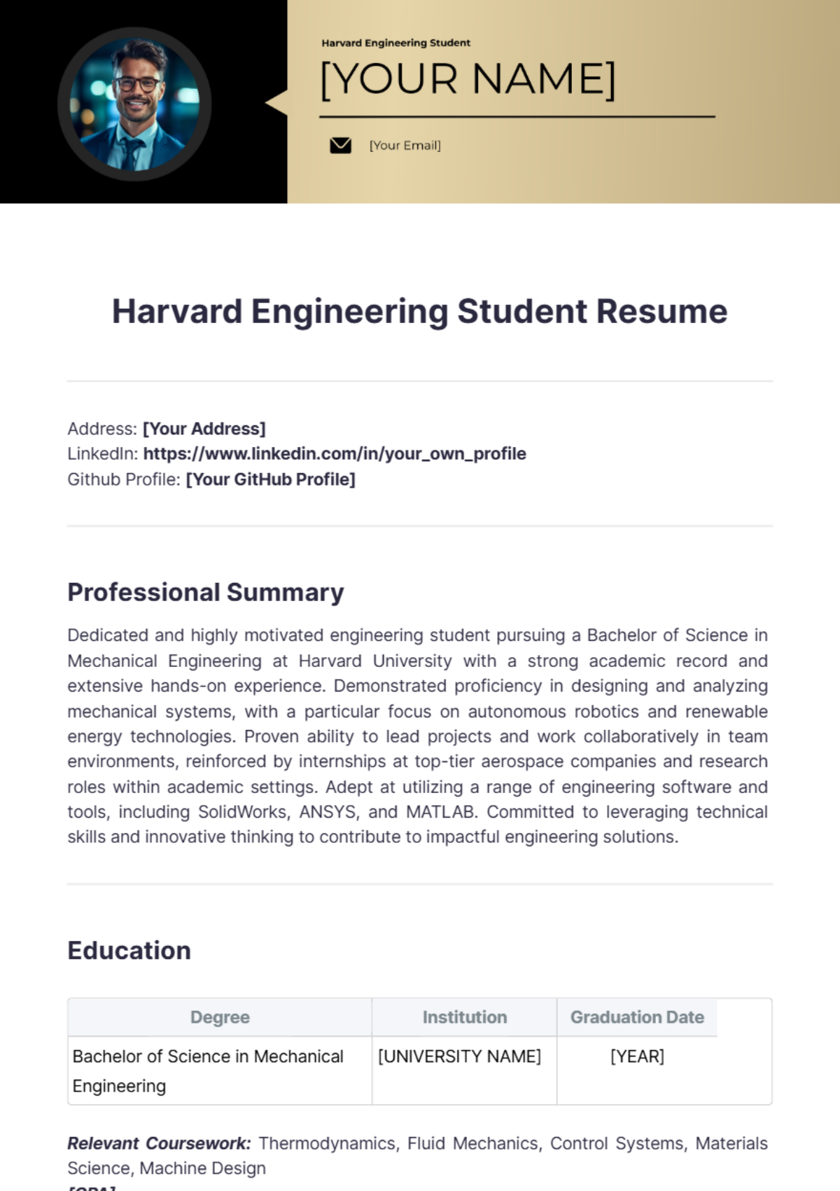 Harvard Engineering Student Resume - Edit Online & Download