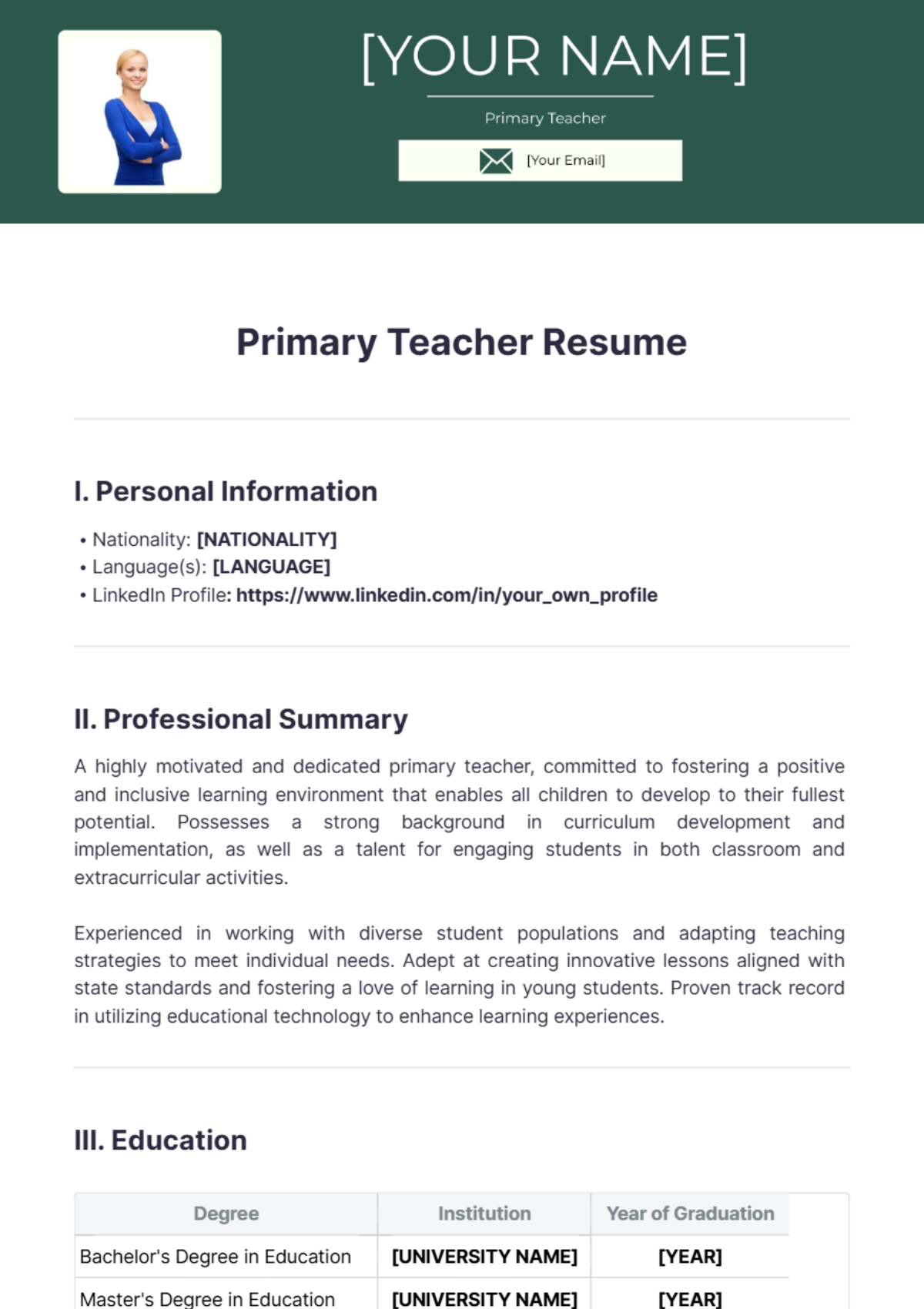 Primary Teacher Resume - Edit Online & Download