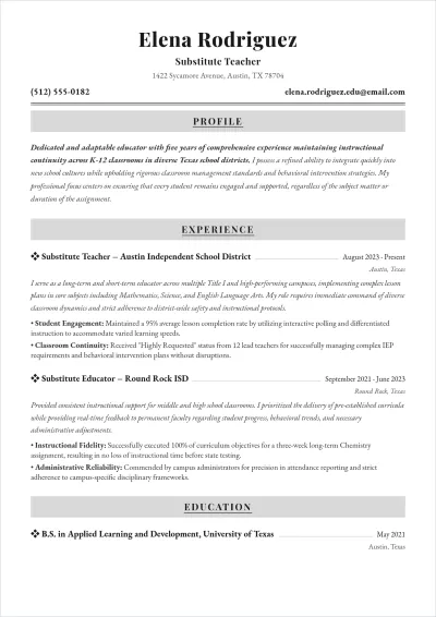 Free Substitute Teacher ATS Resume Template, AI Resume Builder