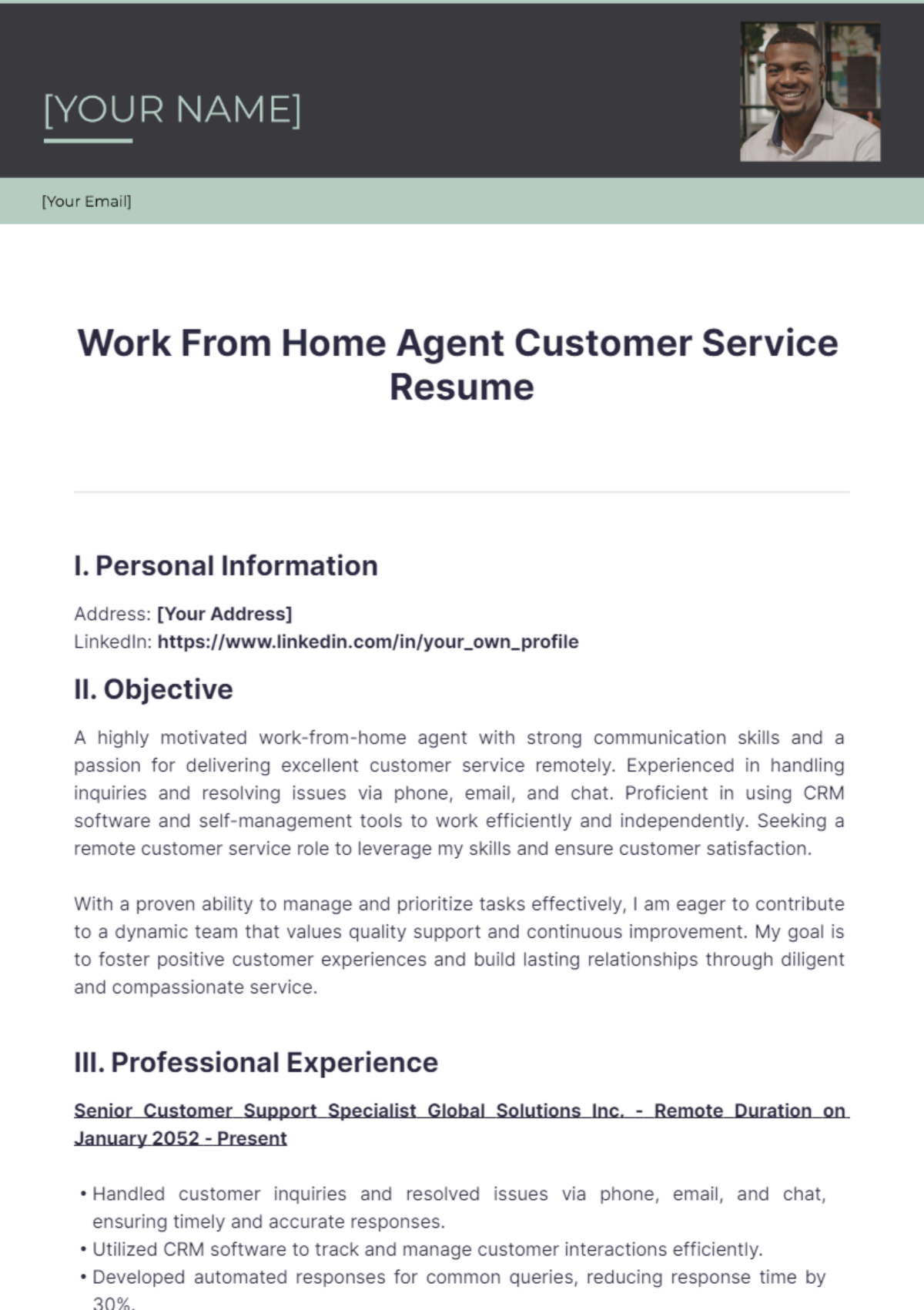 Work From Home Agent Customer Service Resume - Edit Online & Download