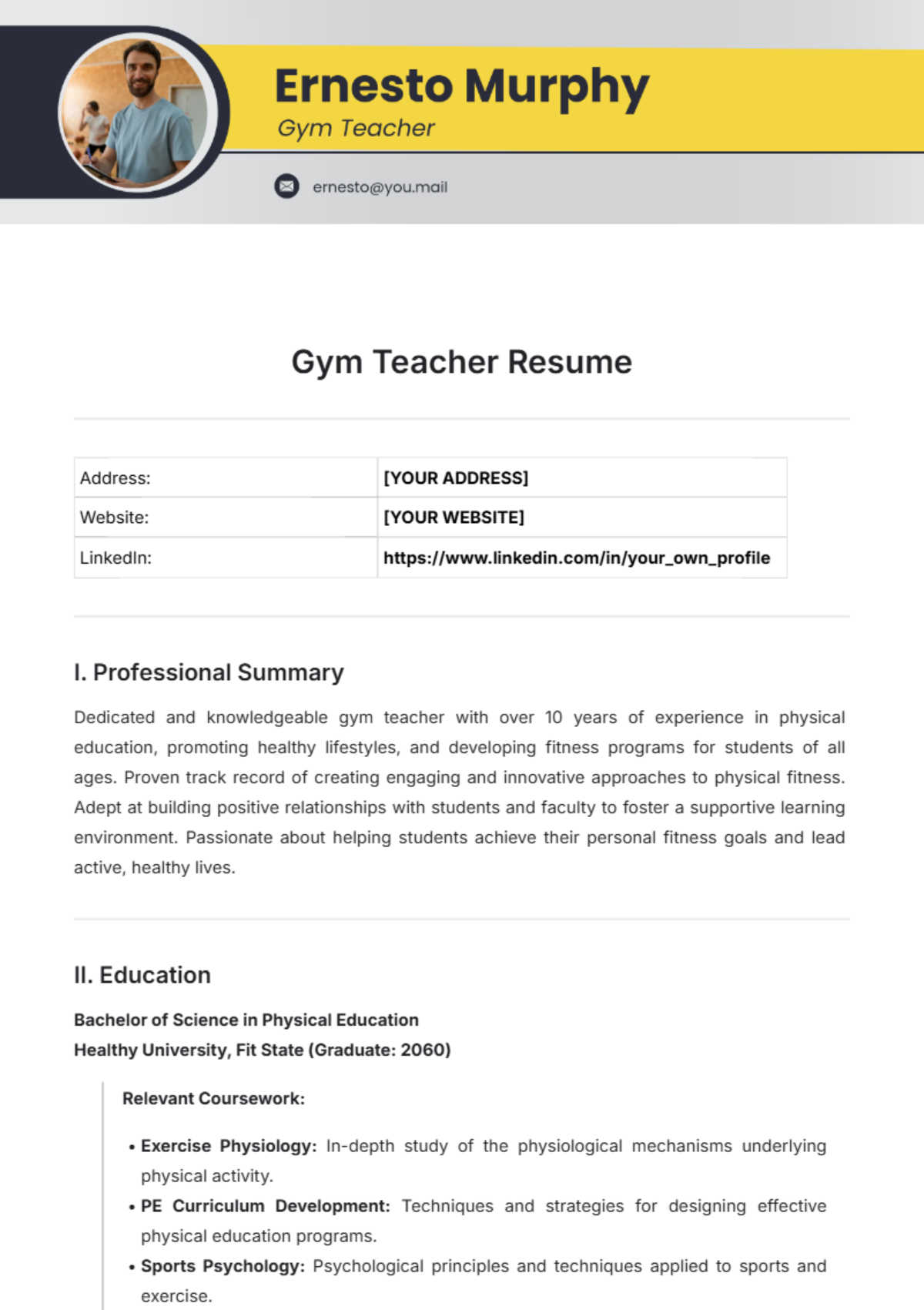 Gym Teacher Resume Template - Edit Online & Download