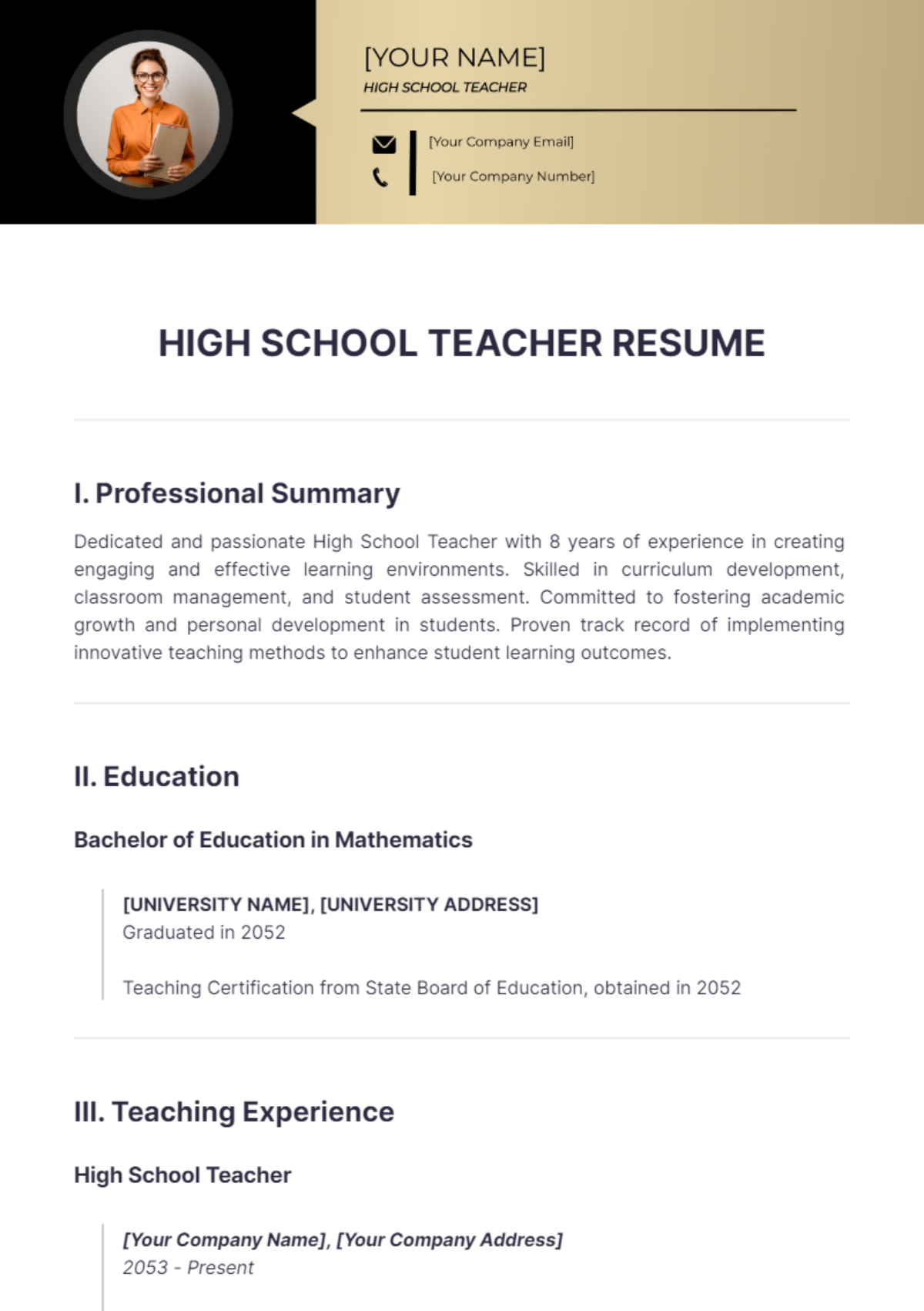 High School Teacher Resume - Edit Online & Download Example | Template.net