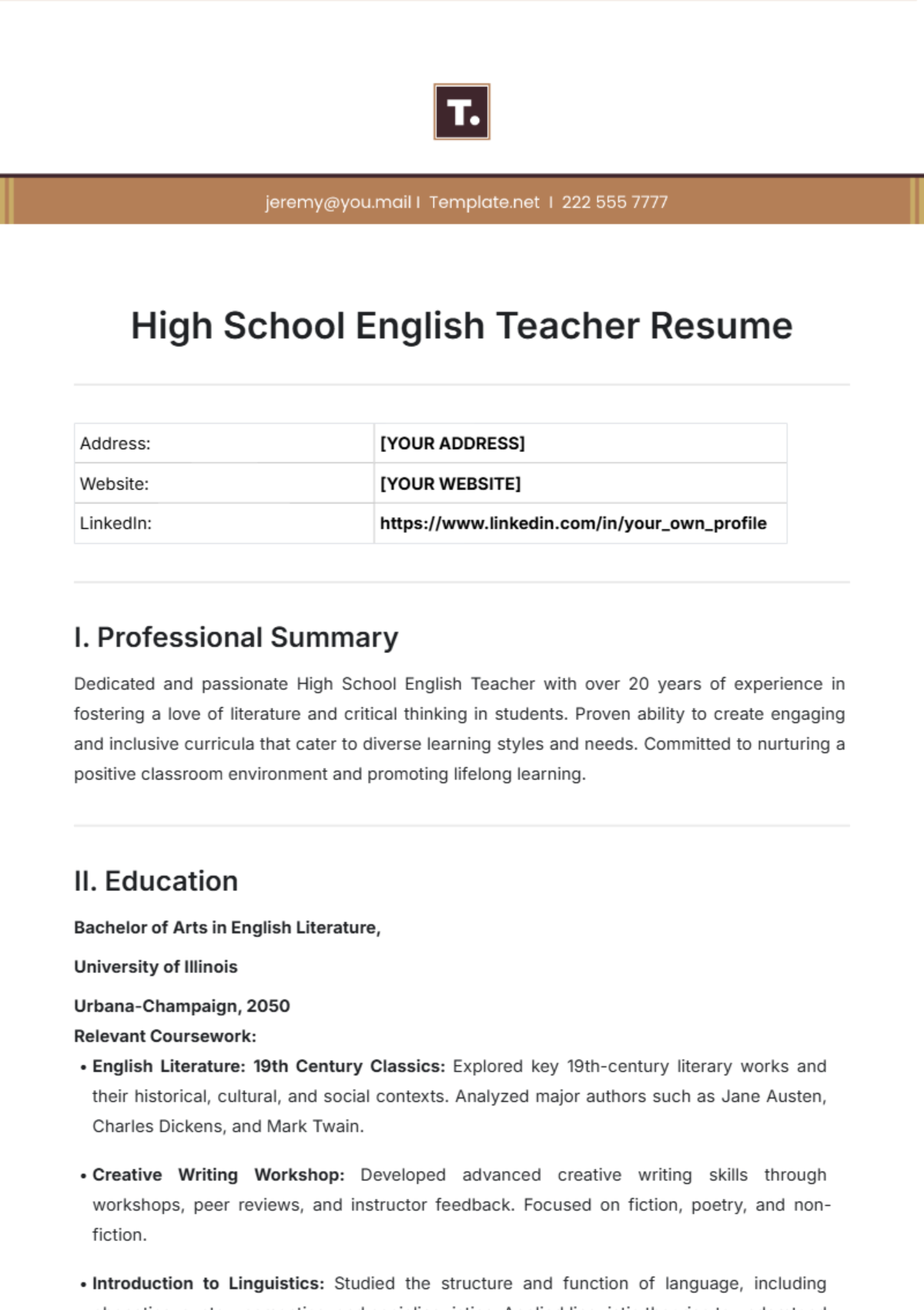 High School English Teacher Resume Template - Edit Online & Download