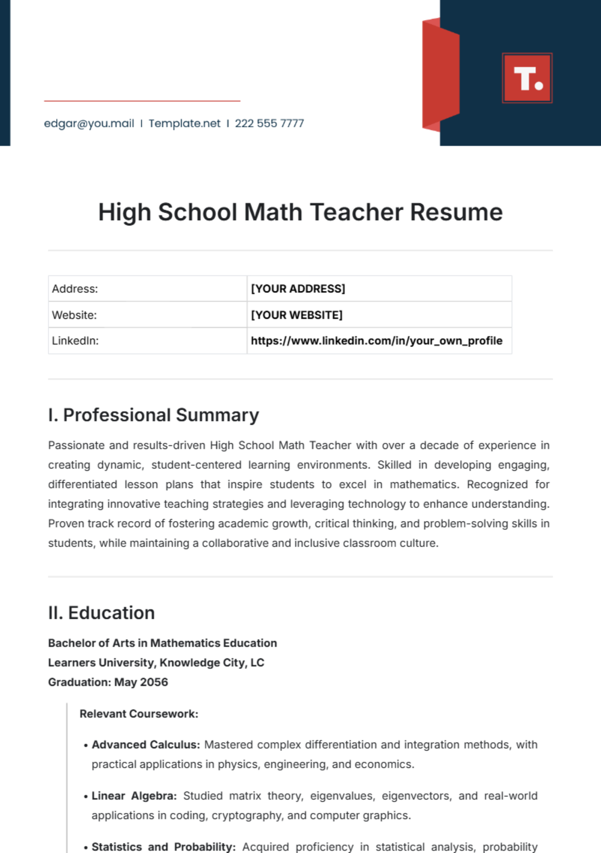 High School Math Teacher Resume Template - Edit Online & Download