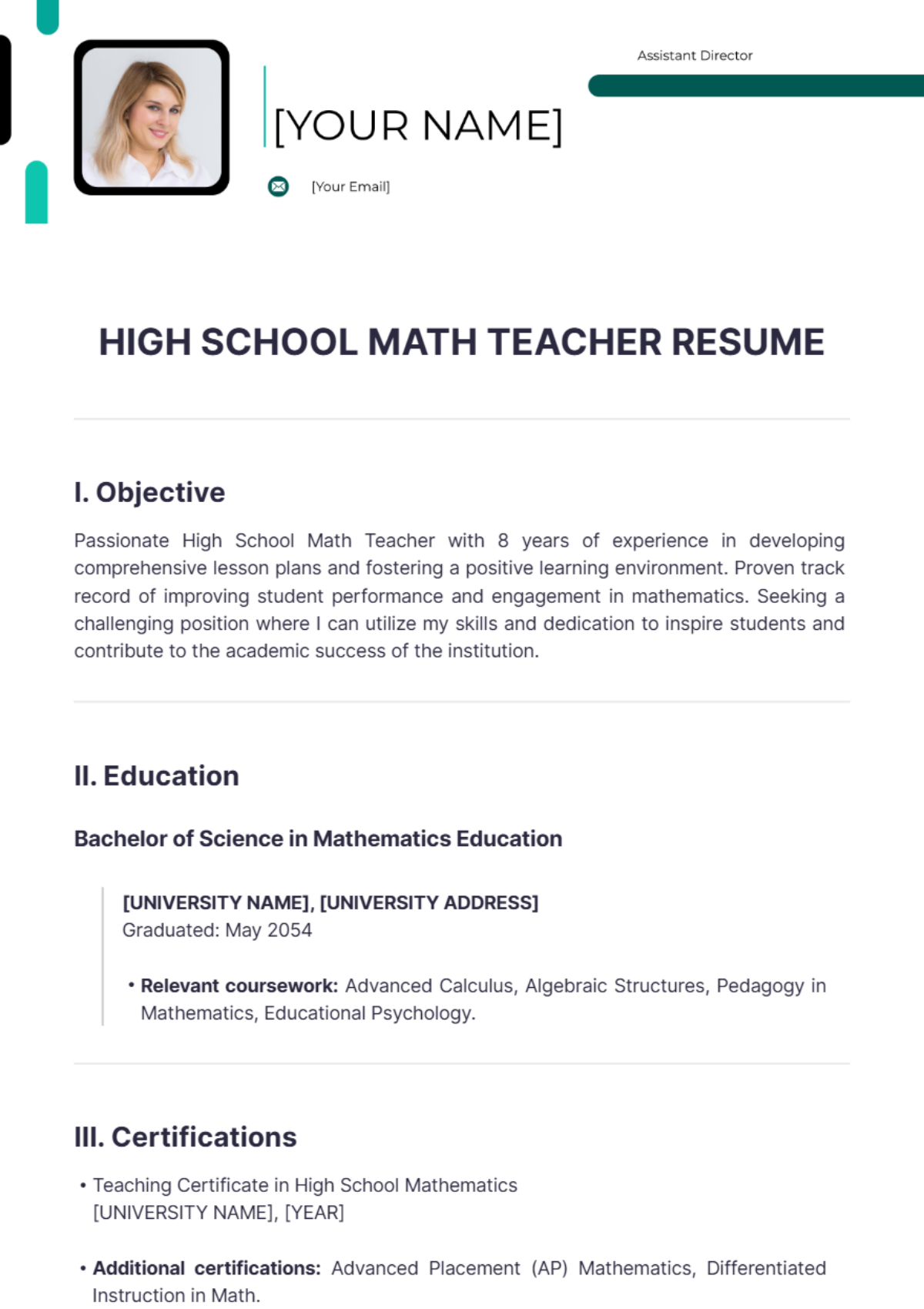 High School Math Teacher Resume - Edit Online & Download Example ...