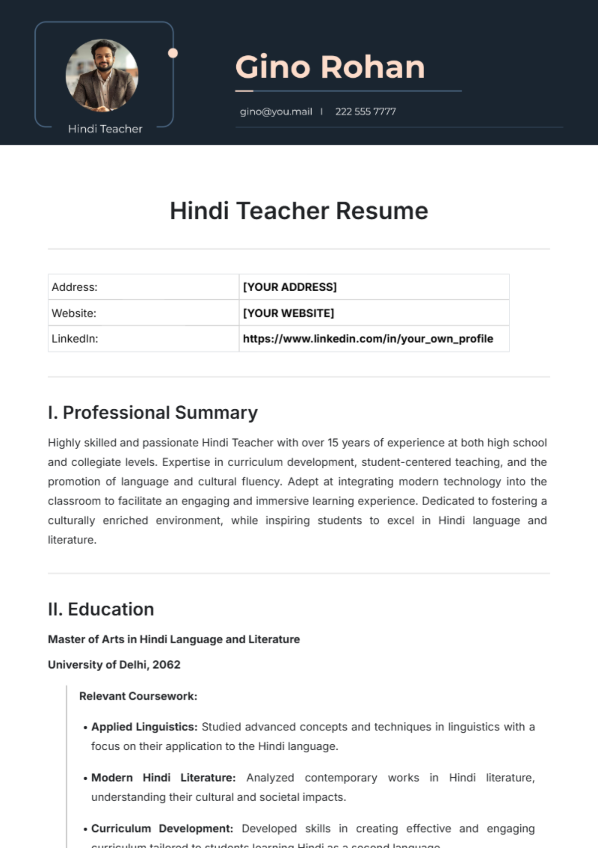 Hindi Teacher Resume Template - Edit Online & Download