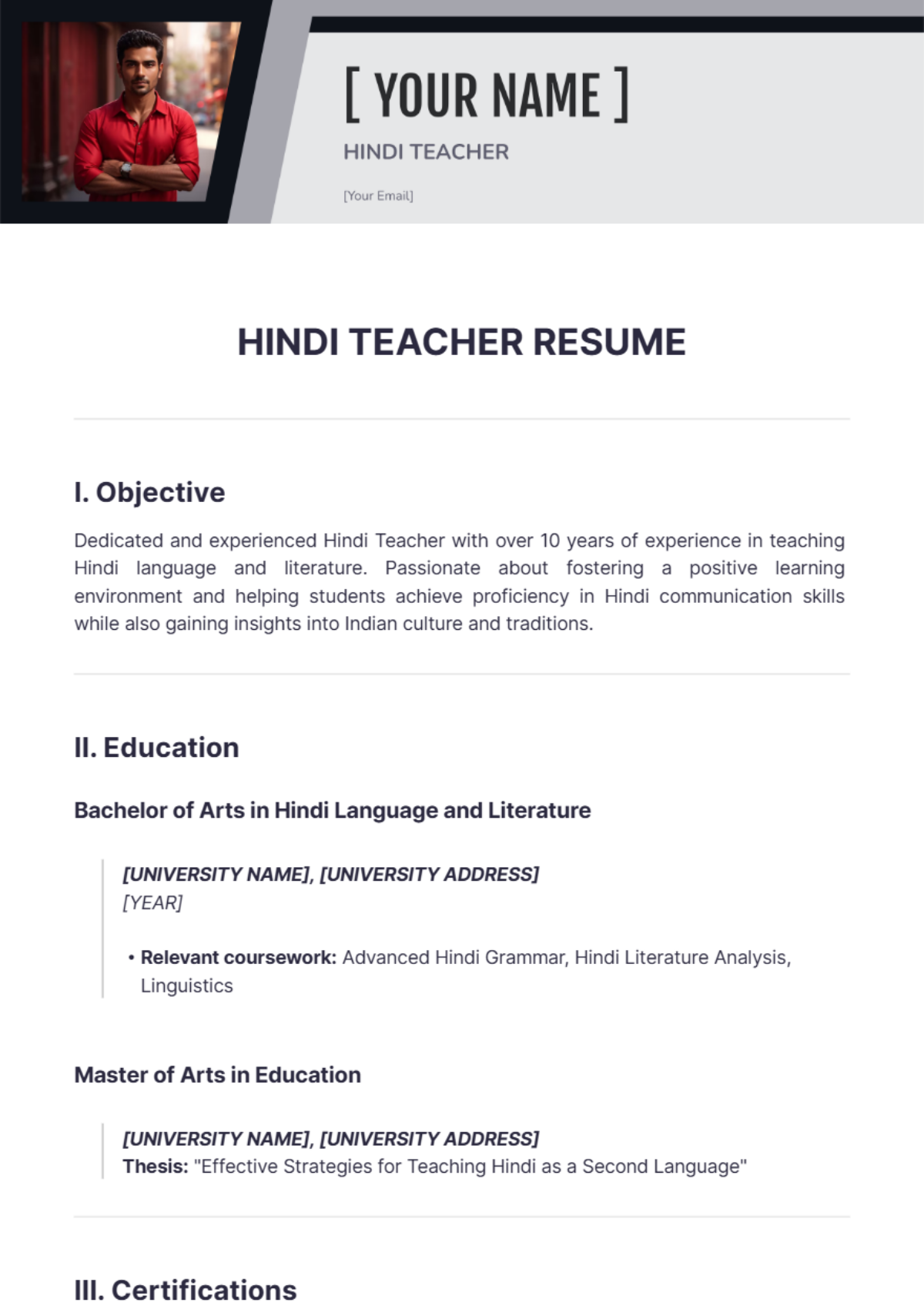 resume format for hindi teacher job