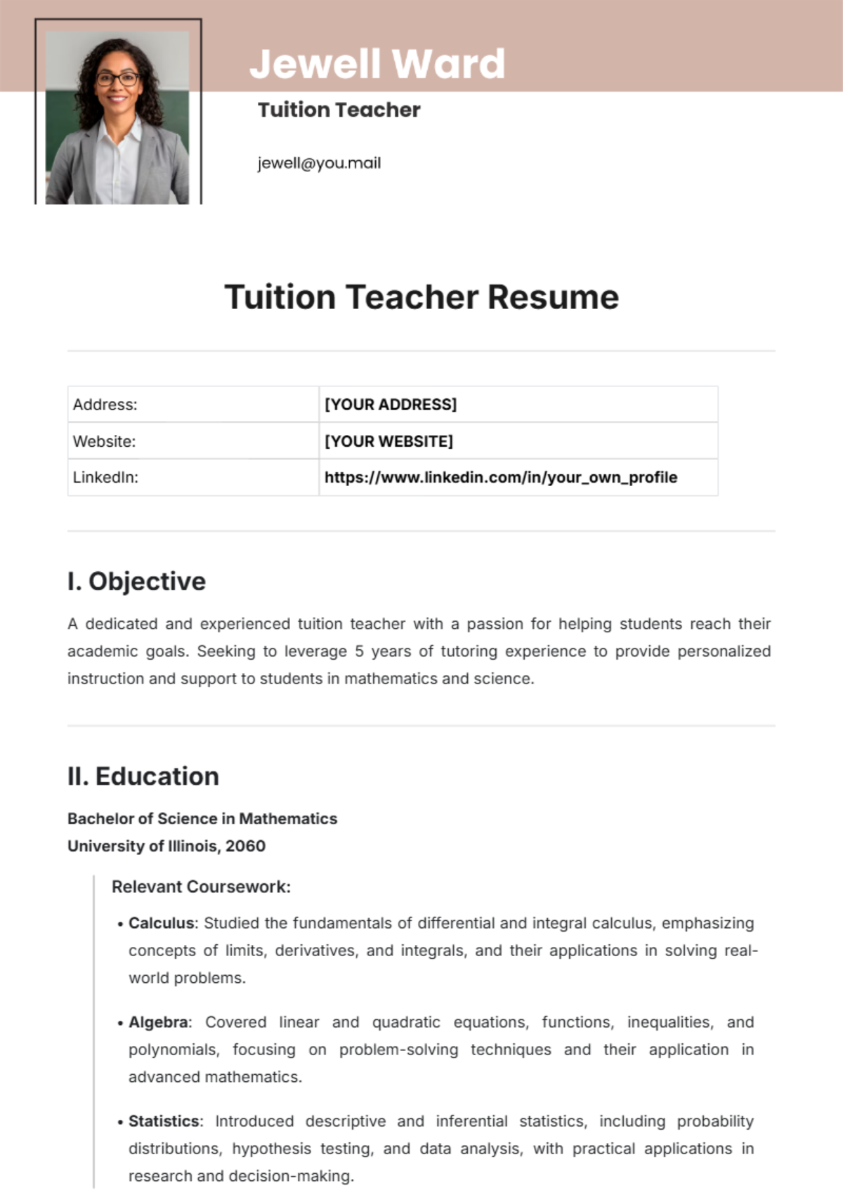 Tuition Teacher Resume Template - Edit Online & Download