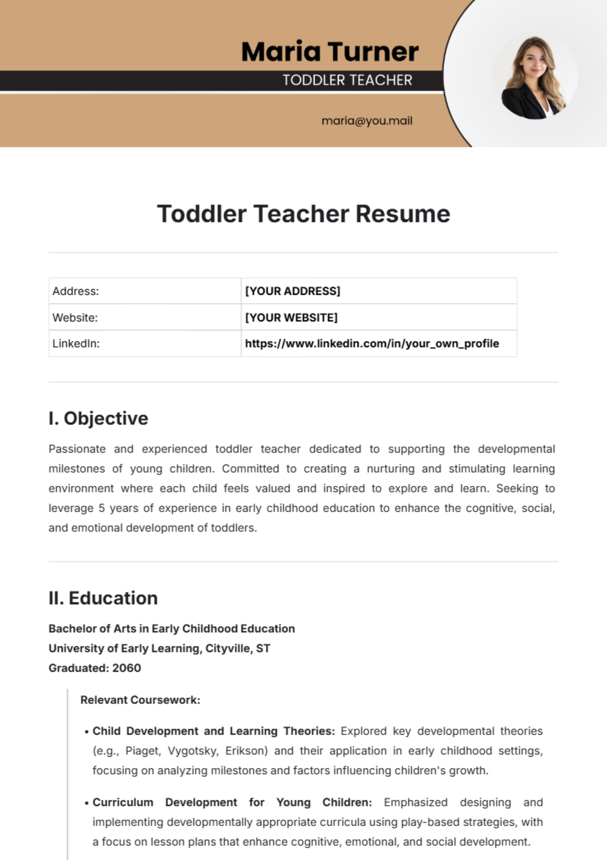 Toddler Teacher Resume Template - Edit Online & Download