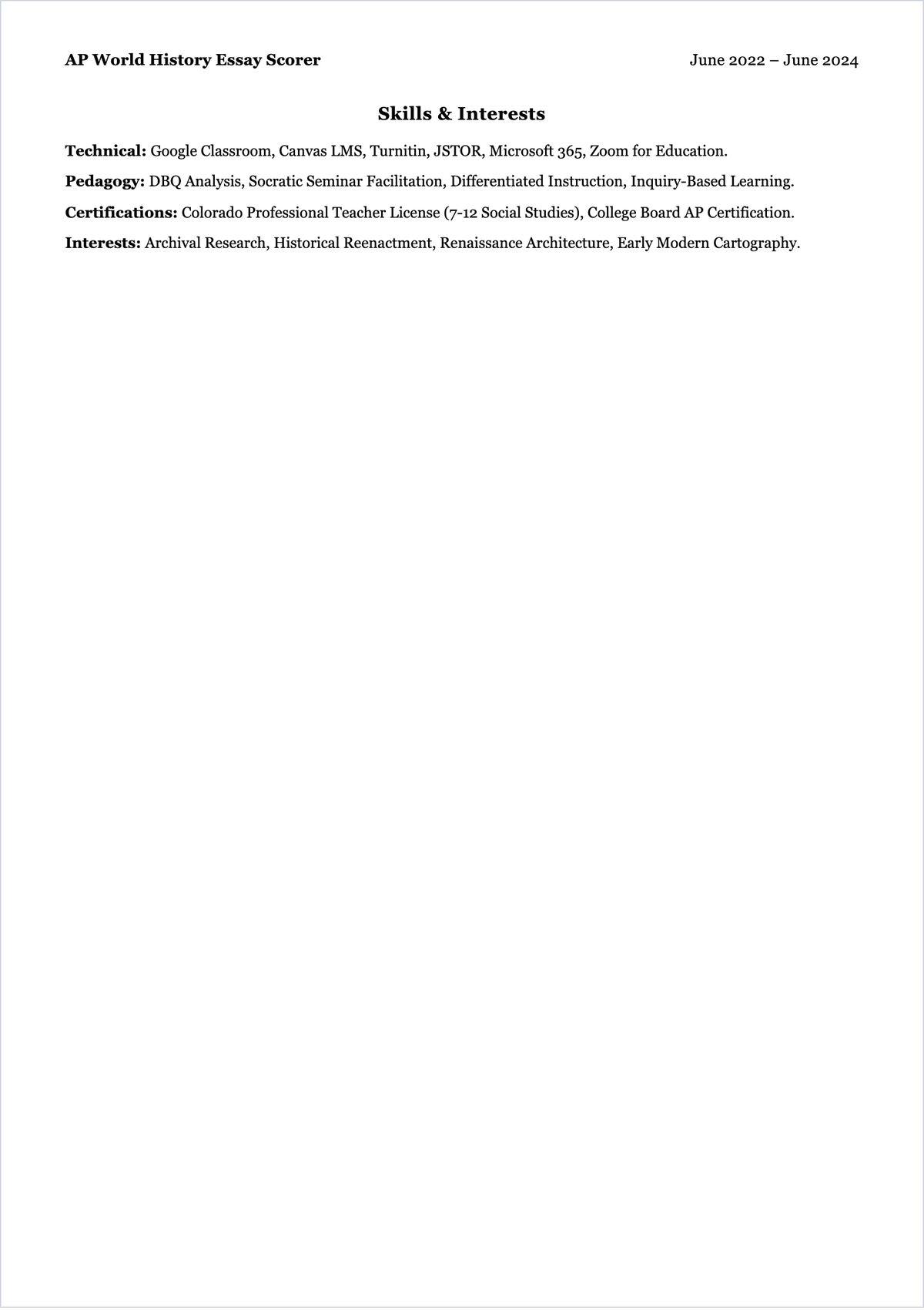 Free History Teacher ATS Resume Template, AI Resume Builder