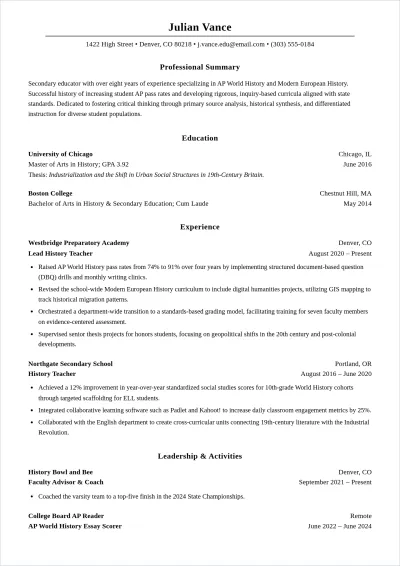 Free History Teacher ATS Resume Template, AI Resume Builder