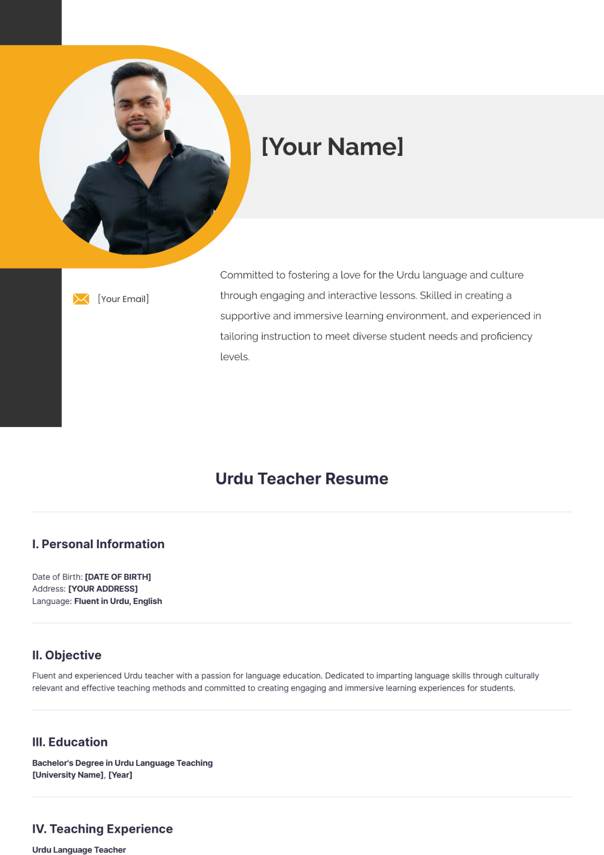 Urdu Teacher Resume - Edit Online & Download