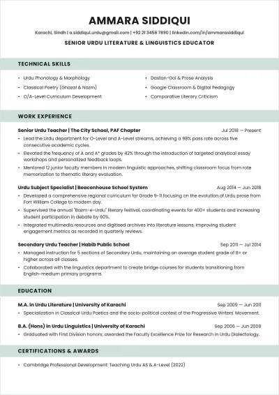 Free Urdu Teacher ATS Resume Template, AI Resume Builder