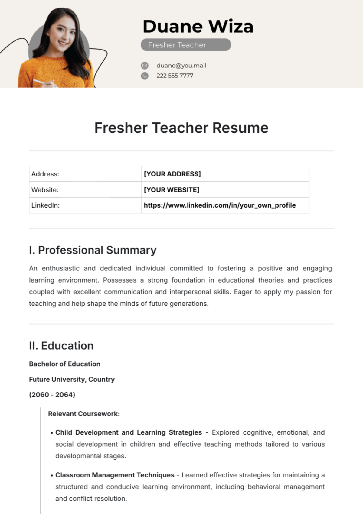 Fresher Teacher Resume Template - Edit Online & Download