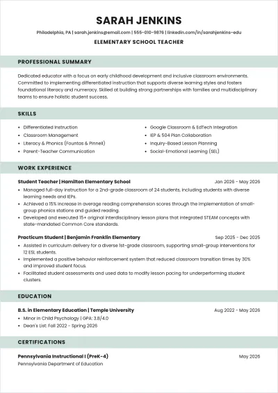 Free Fresher Teacher ATS Resume Template, AI Resume Builder