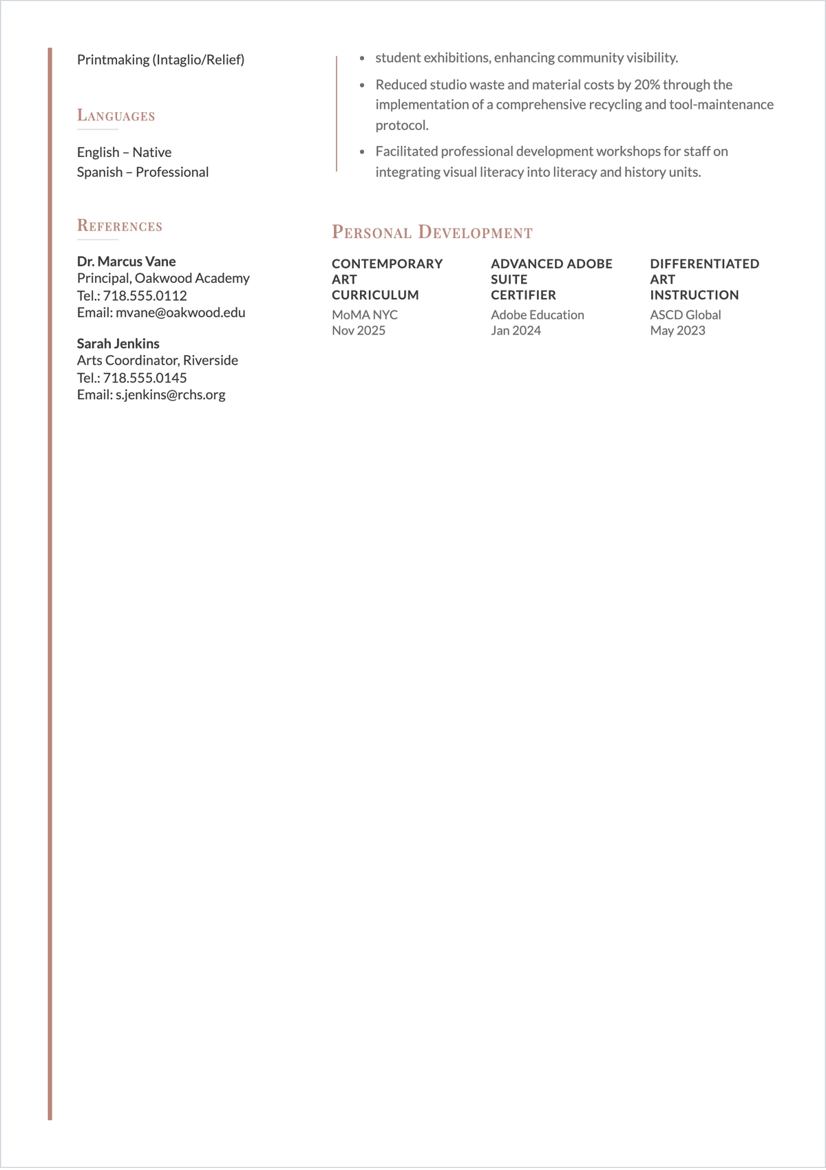 Free Visual Art Teacher ATS Resume Template, AI Resume Builder