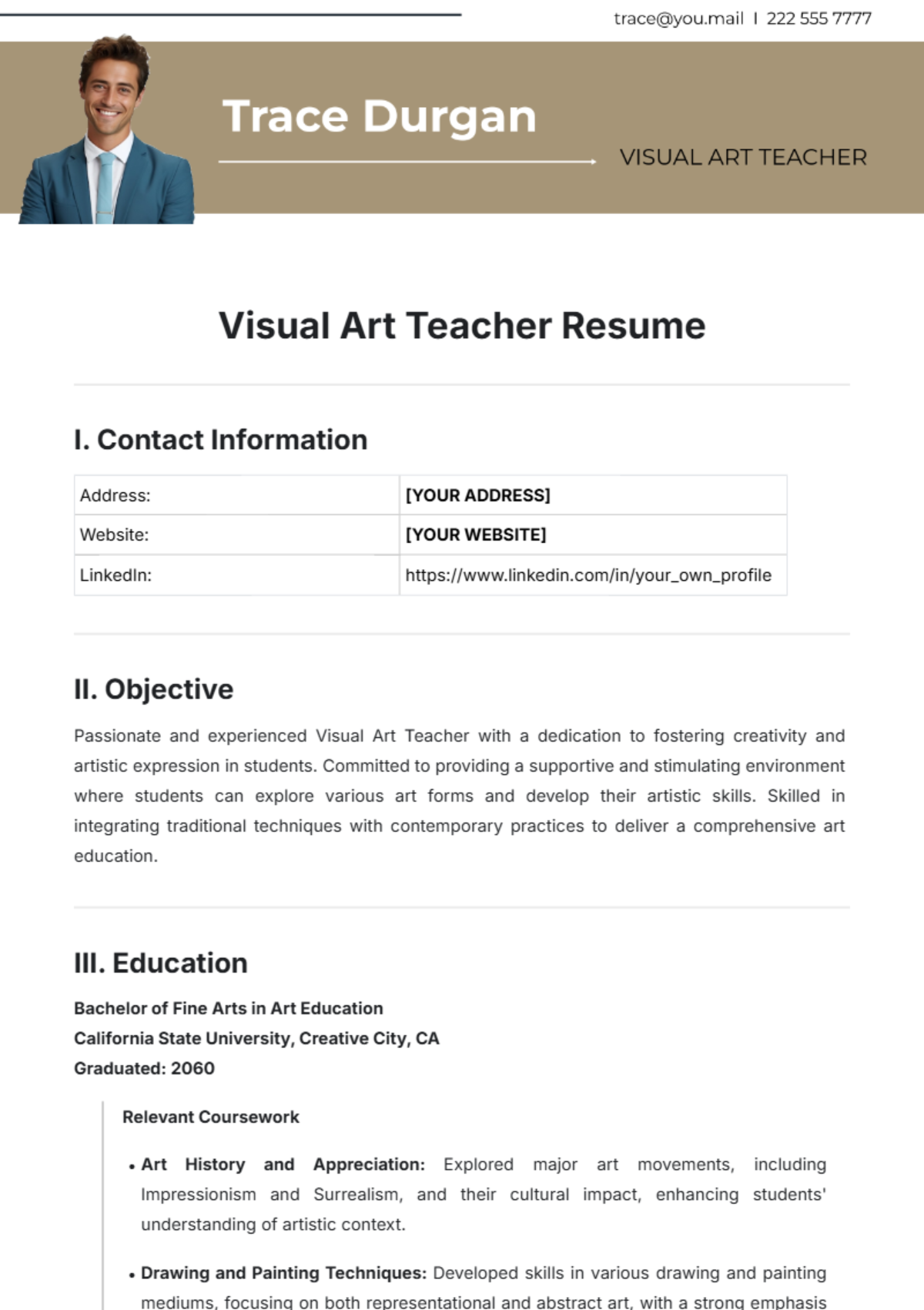 Visual Art Teacher Resume Template - Edit Online & Download