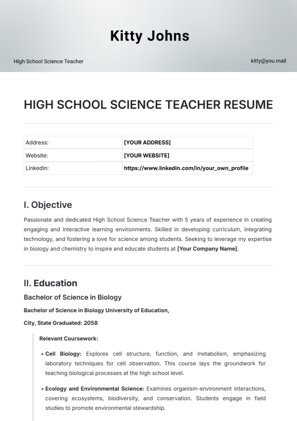 High School Science Teacher Resume Template - Edit Online & Download