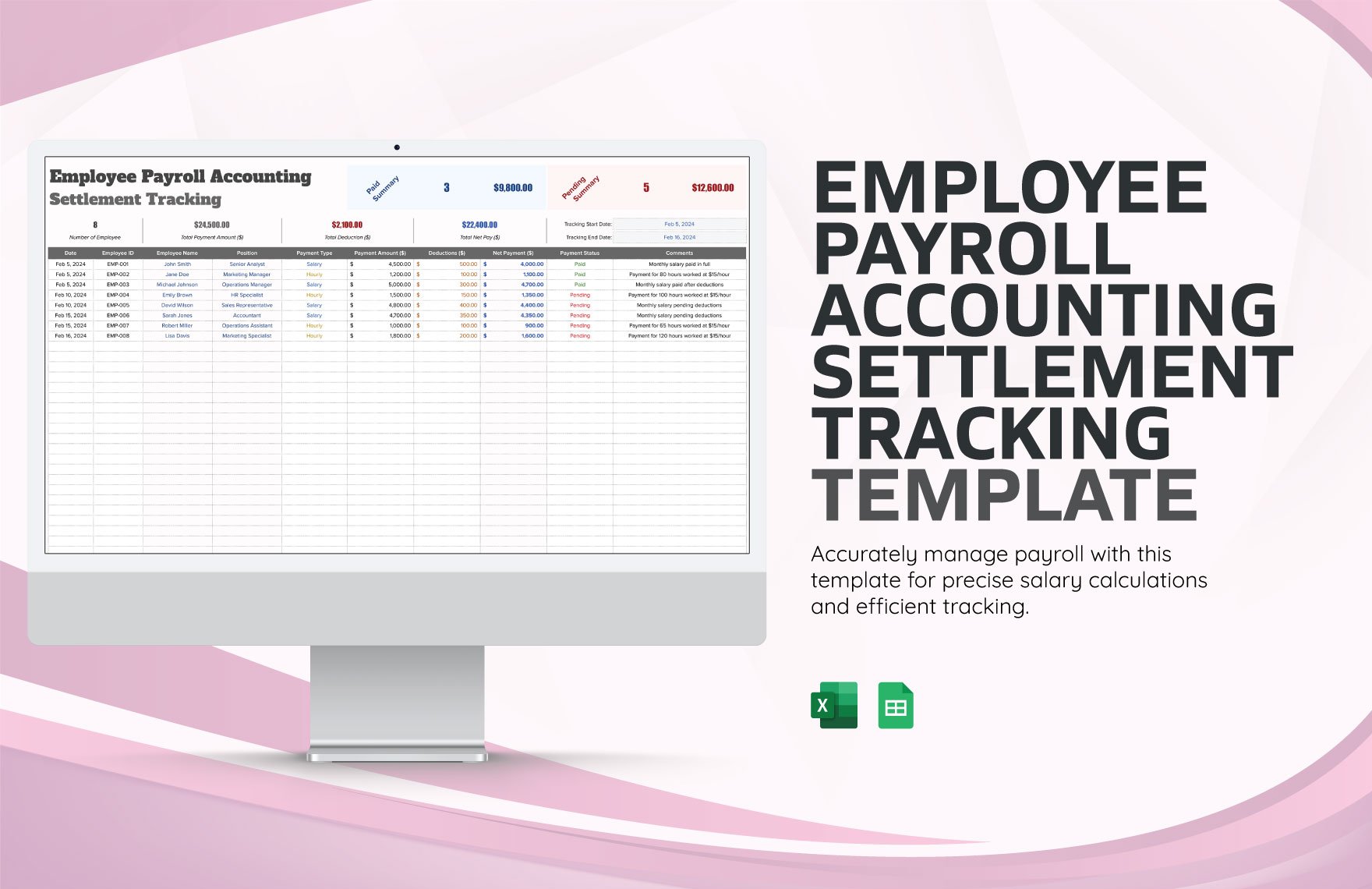 Employee Payroll Accounting Settlement Tracking Template in Excel, Google Sheets