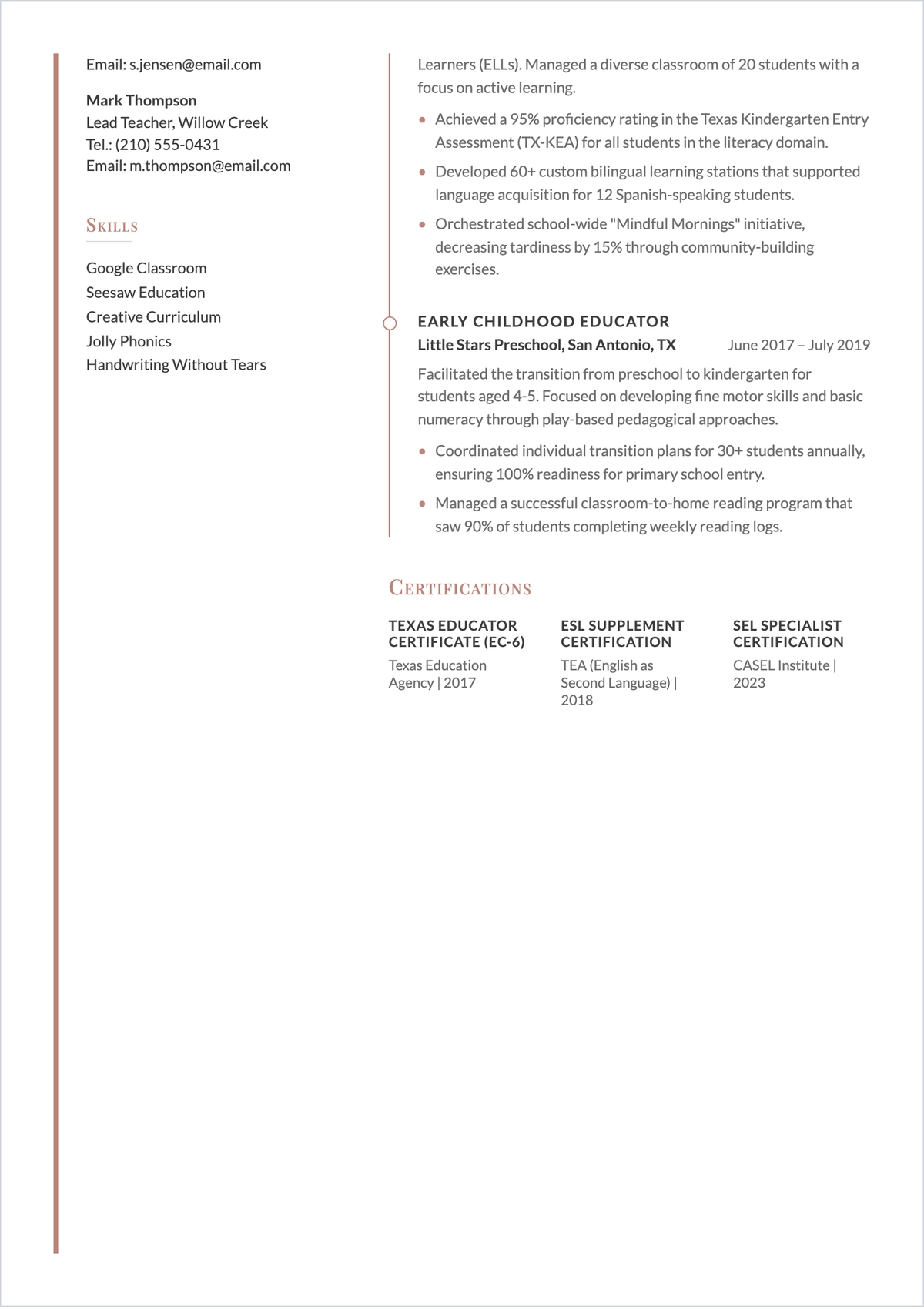 Free Kindergarten Teacher ATS Resume Template, AI Resume Builder