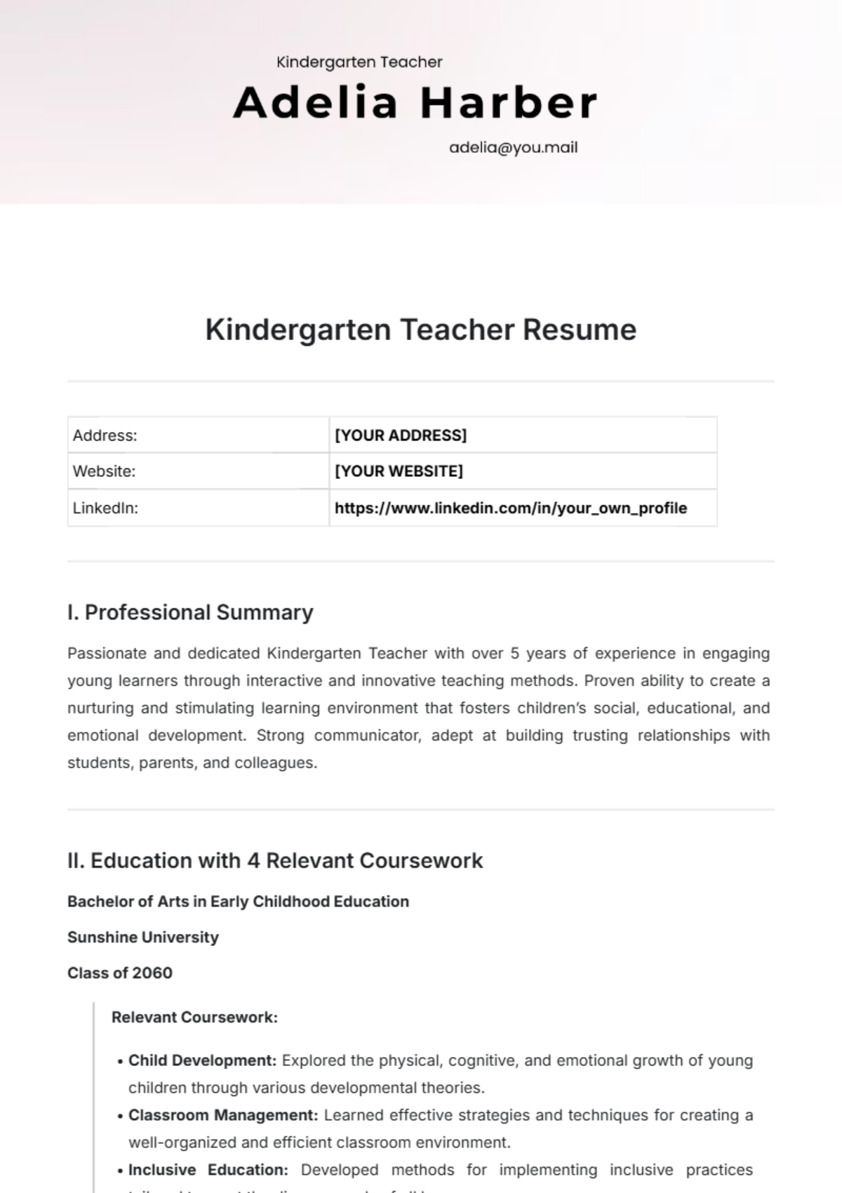 Kindergarten Teacher Resume Template - Edit Online & Download