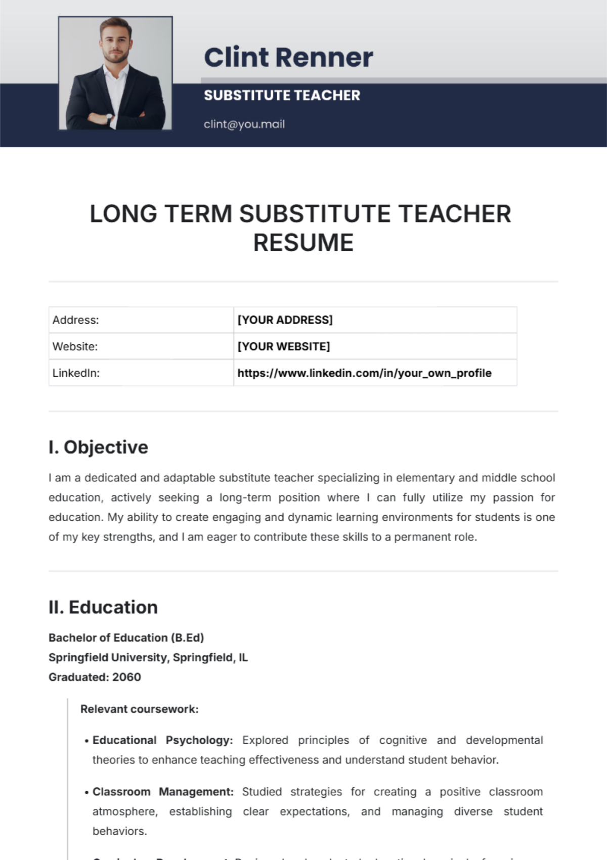 Long Term Substitute Teacher Resume Template - Edit Online & Download