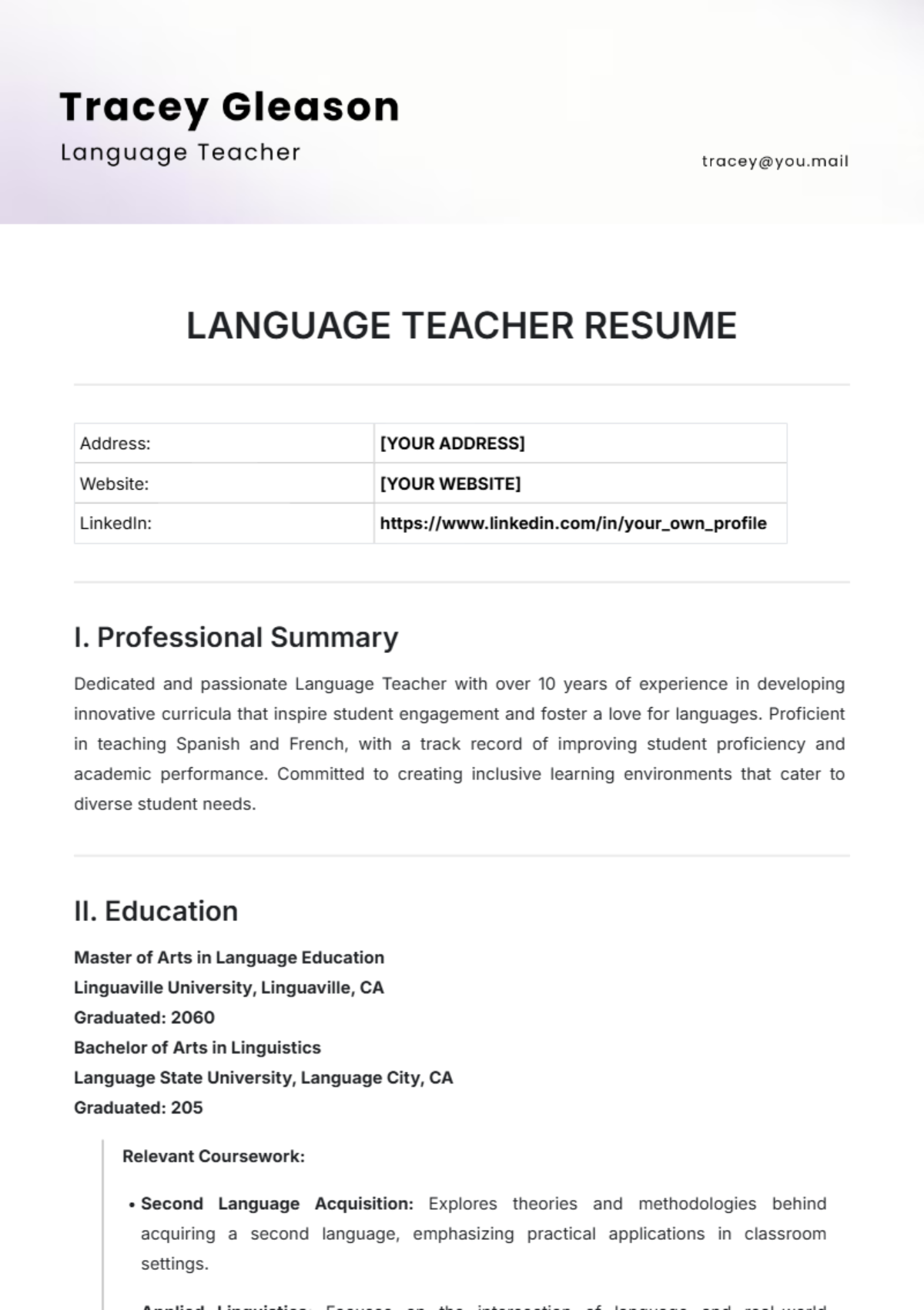 Language Teacher Resume Template - Edit Online & Download