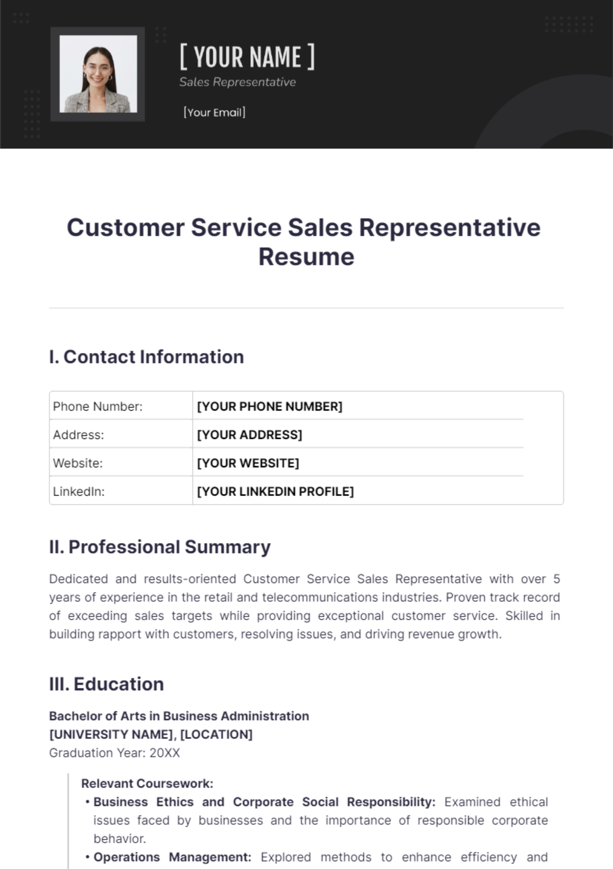 Customer Service Sales Representative Resume - Edit Online & Download