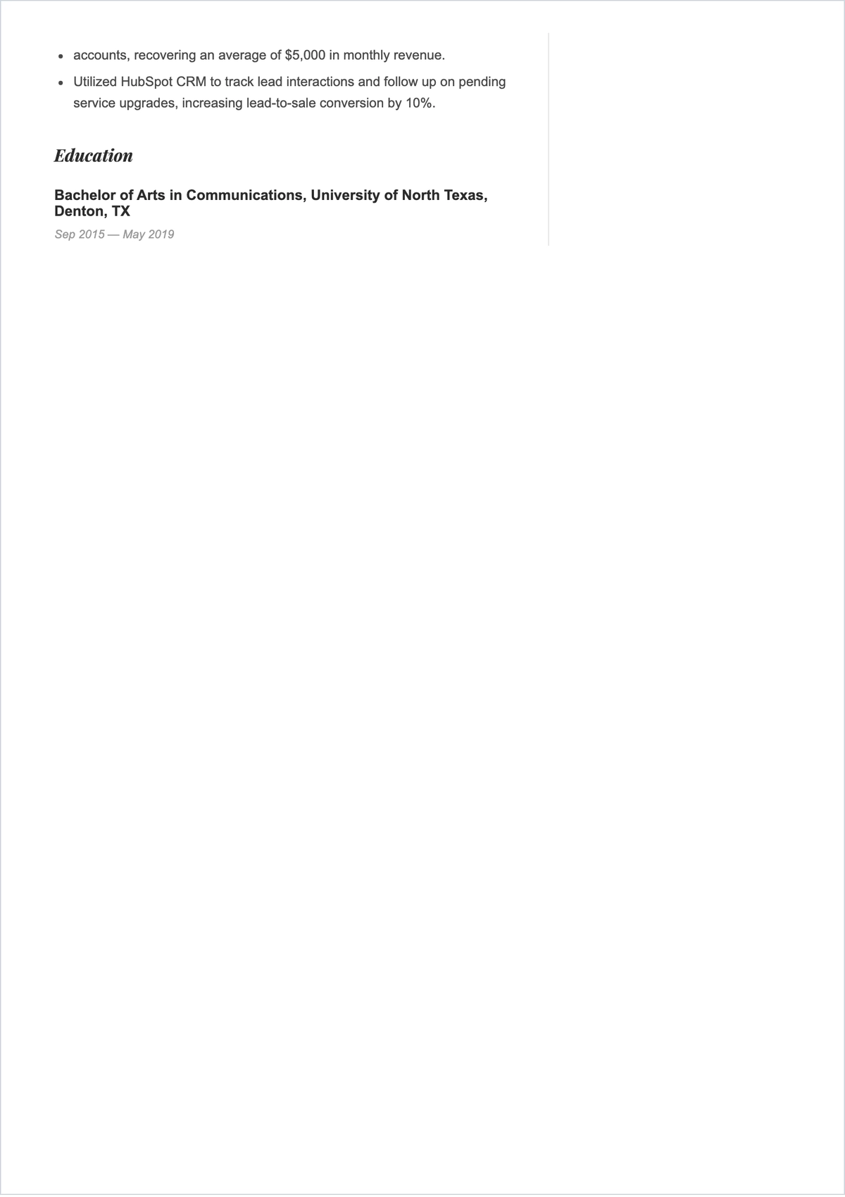 Free Customer Service Sales Representative ATS Resume Template