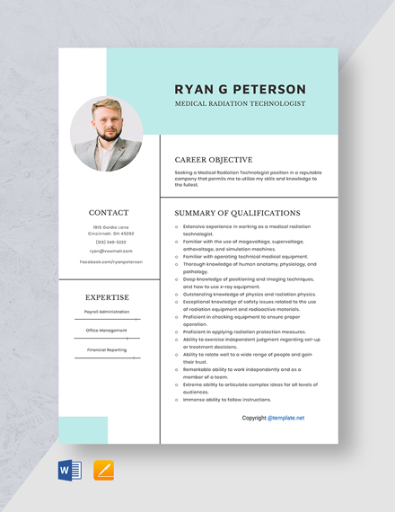 Medical Radiation Technologist Resume Template - Word, Apple Pages